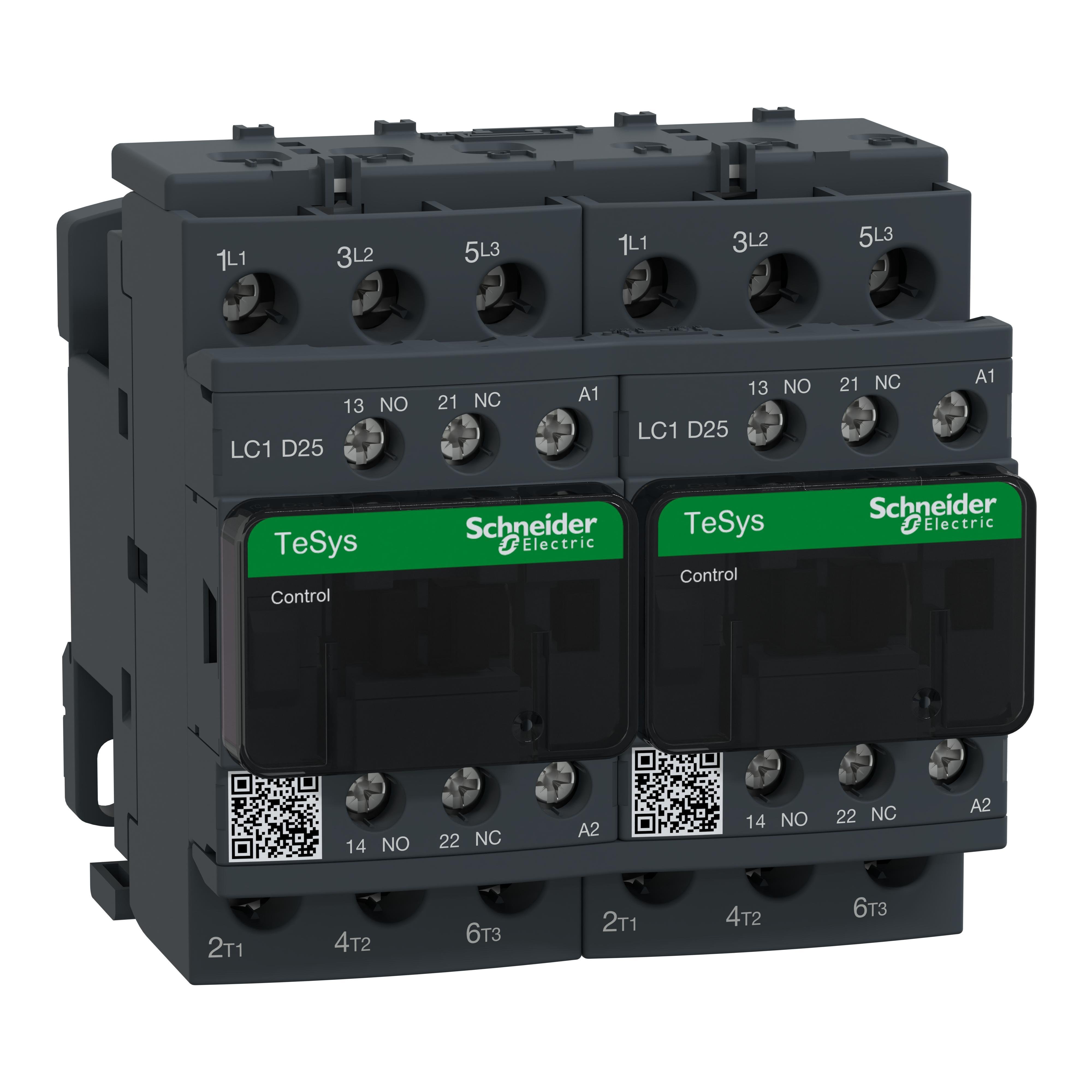 LC2D25G7V - IEC contactor, TeSys Deca, reversing, 25A, 15HP at 480VAC, 3 phase, 3 pole, 3 NO, 120VAC 50/60Hz coil, open style