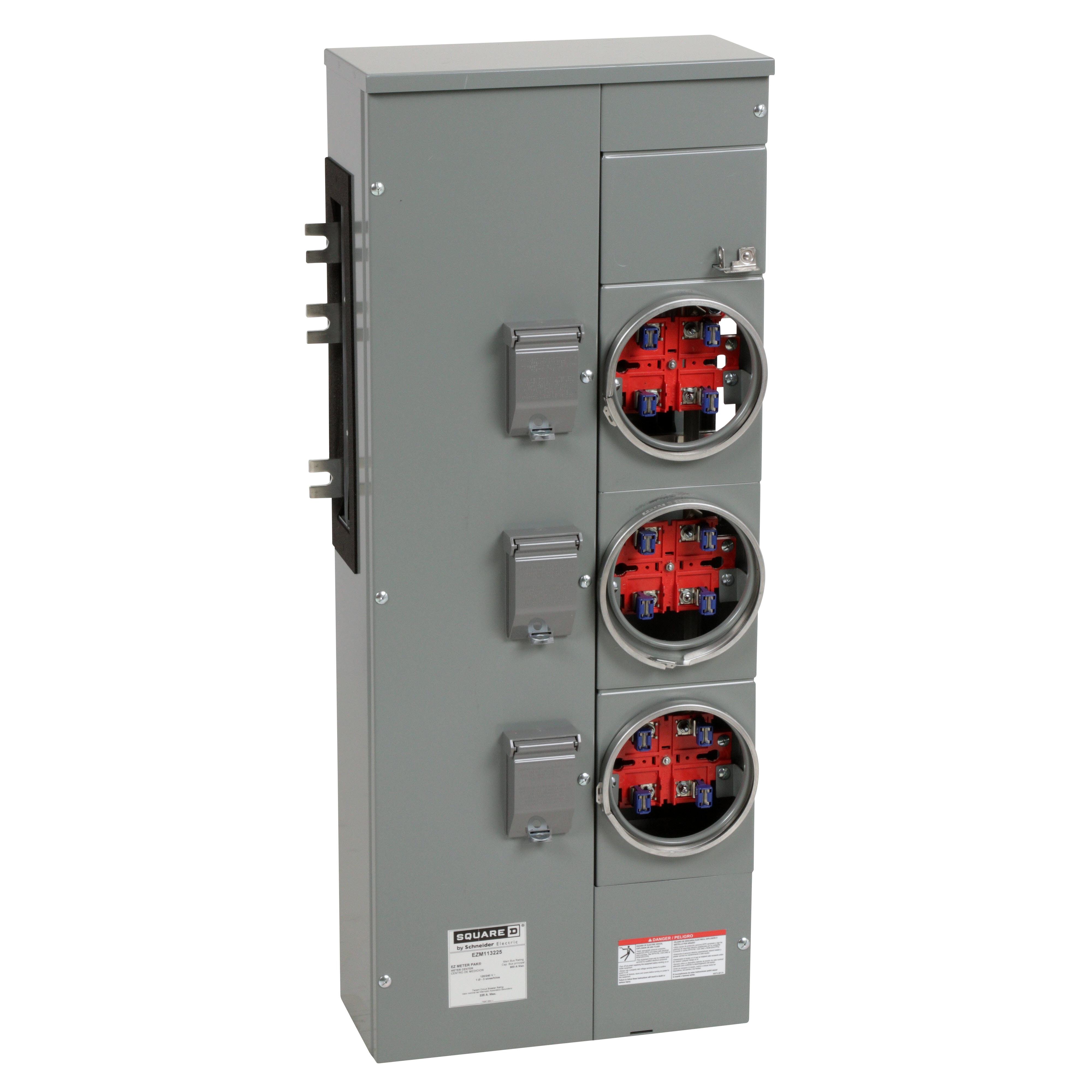 EZM113225 - Branch unit, EZ Meter-Pak, 225A, 3 x 4 jaw sockets, 120/240VAC, no bypass, ringed, 800A Al busbar