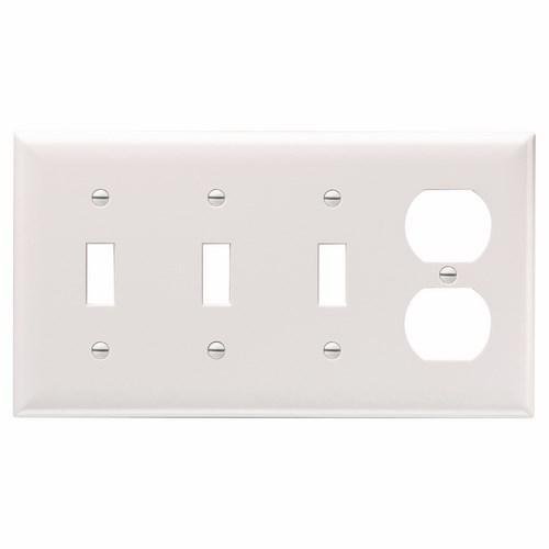 SP38-W - 4-Gang Thermoset Wall Plate, 3 Toggle Switch, 1 Duplex Receptacle, White