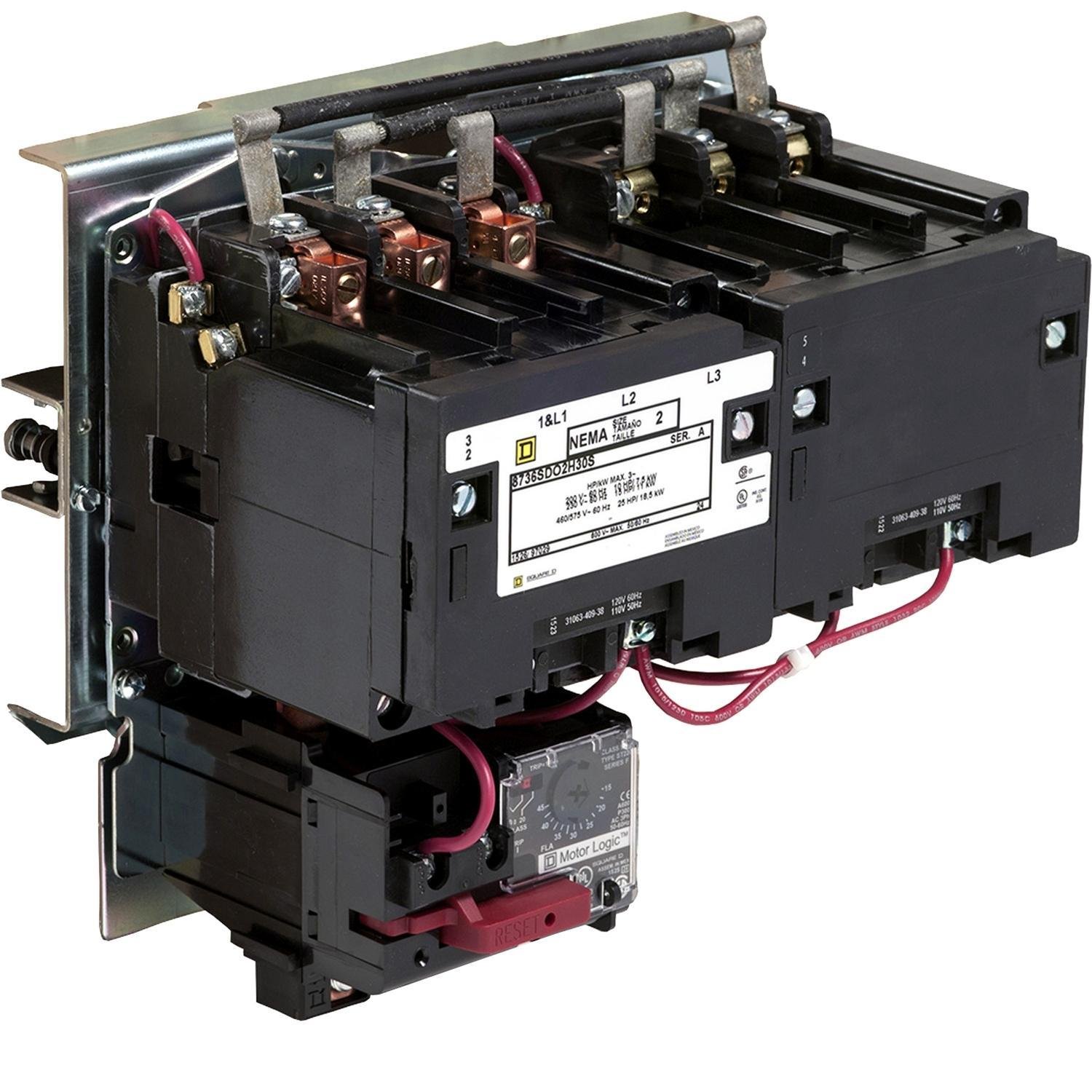 8736SDO2V02H30S - NEMA starter, Type S, reversing, horizontal, Size 2, 45A, 25HP at 575VAC, up to 100kA SCCR, 3 phase, 3 pole, Motor Logic SSOLR, 120VAC coil, open [TAA]