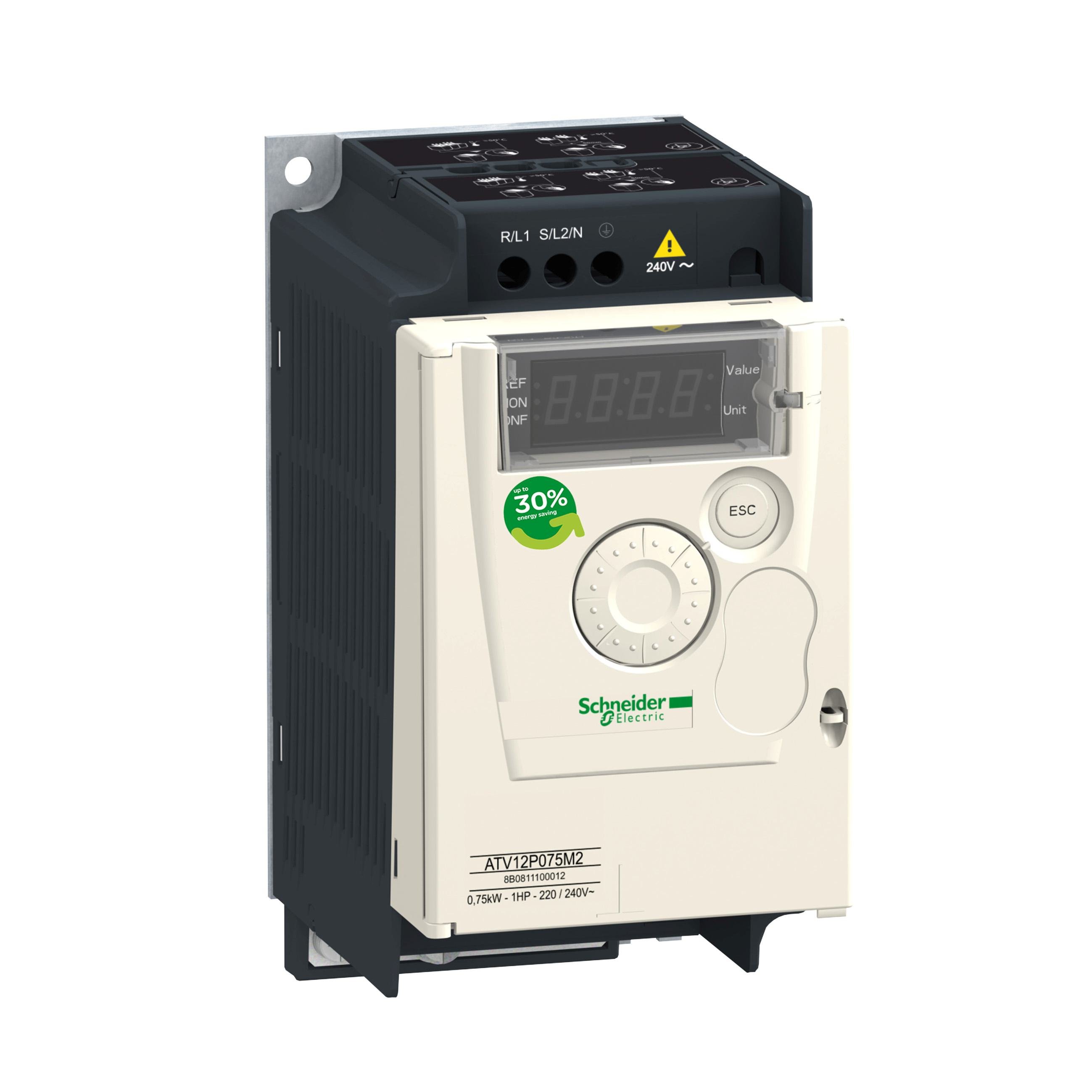 ATV12P075M2 - variable speed drive, Altivar 12, 0.75kW, 1hp, 200 to 240V, 1 phase, on base plate