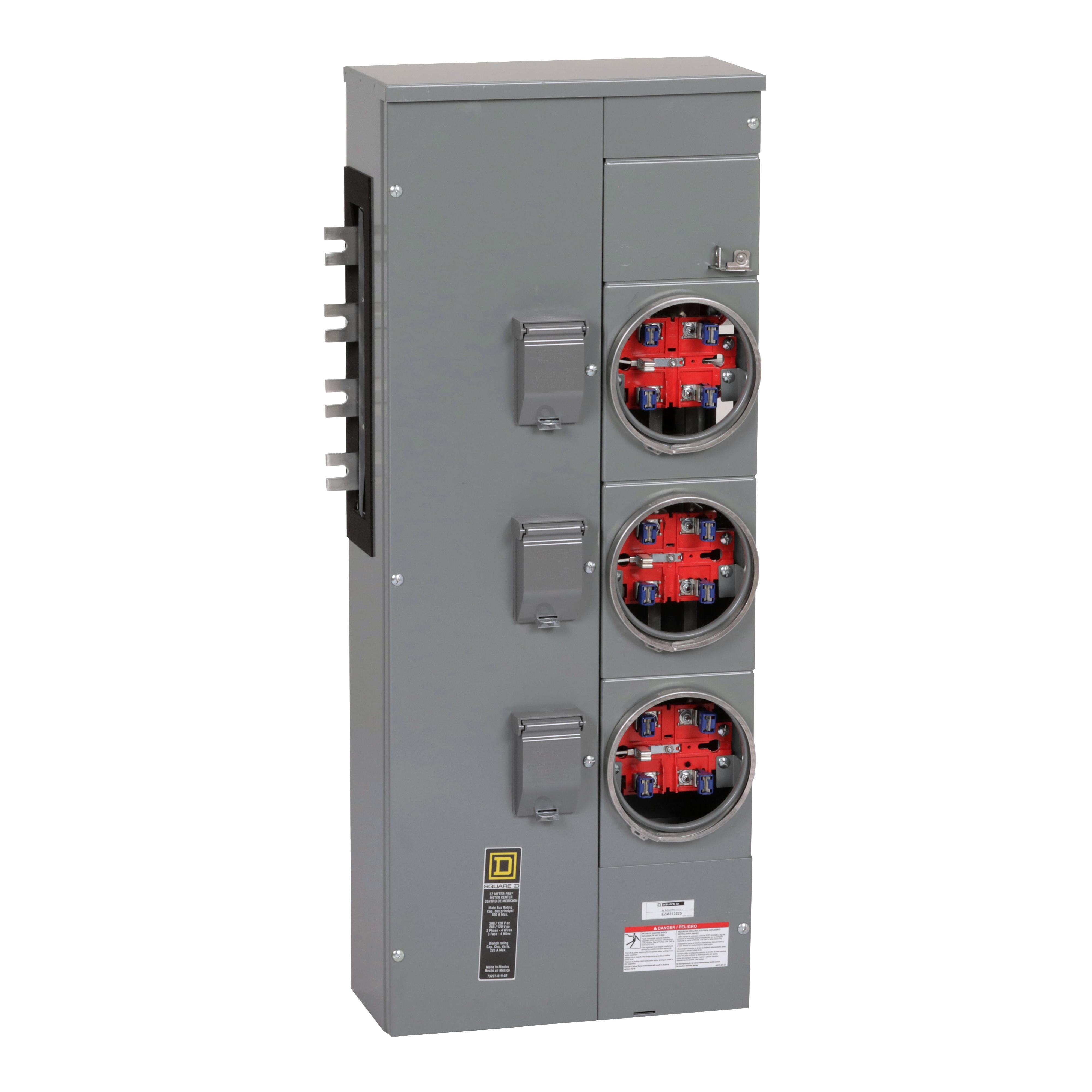 EZM313225 - Branch unit, EZ Meter-Pak, 225A, 3 x 5 jaw sockets, 208Y/120VAC, no bypass, ringed, 800A Al busbar