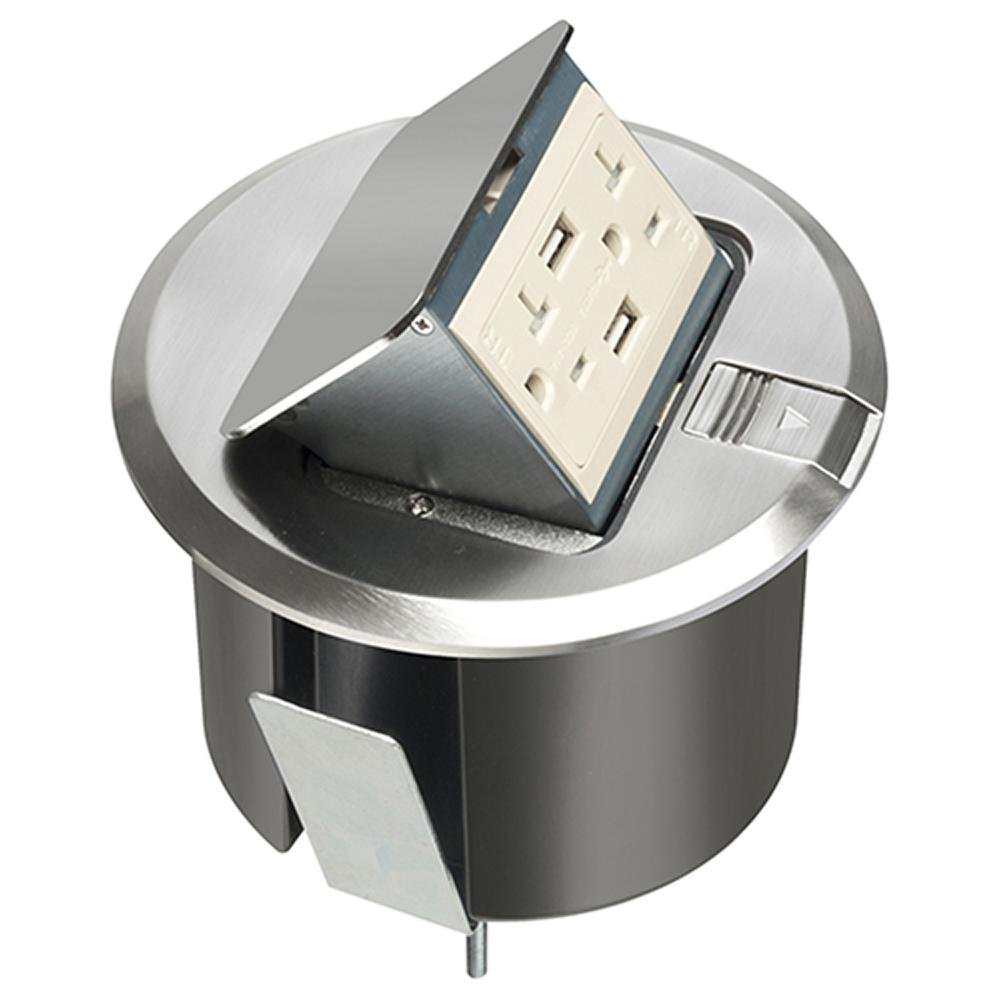 FLBT6520UNL - Pop up counter top box kit with round nickel plated cover. With Round plastic box. Comes with 20 amp decorator style tamper resistant receptacle with (2) USB ports.