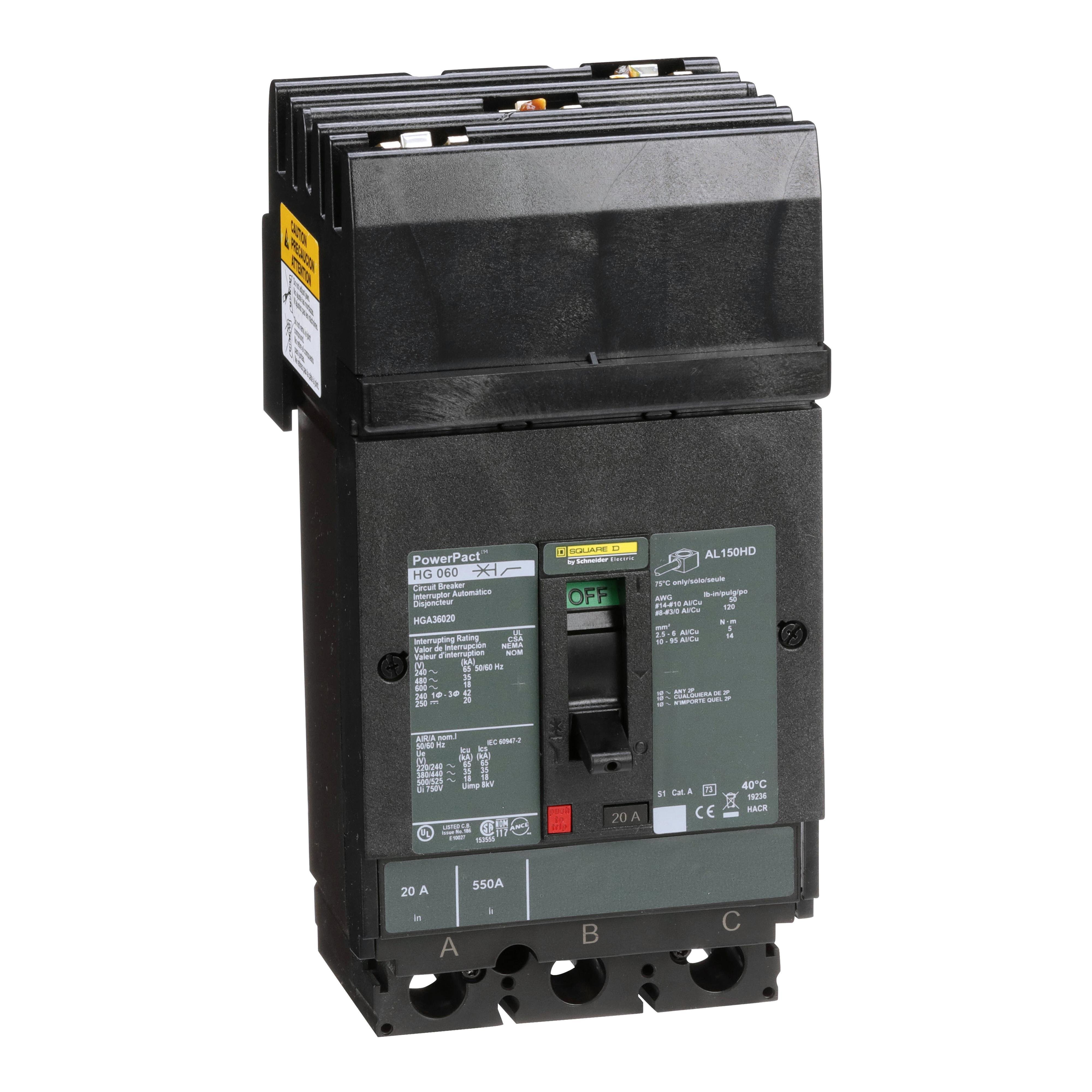 HGA36020 - Circuit breaker, PowerPacT H, 20A, 3 pole, 600VAC, 18kA, I-Line, thermal magnetic, 80%, ABC