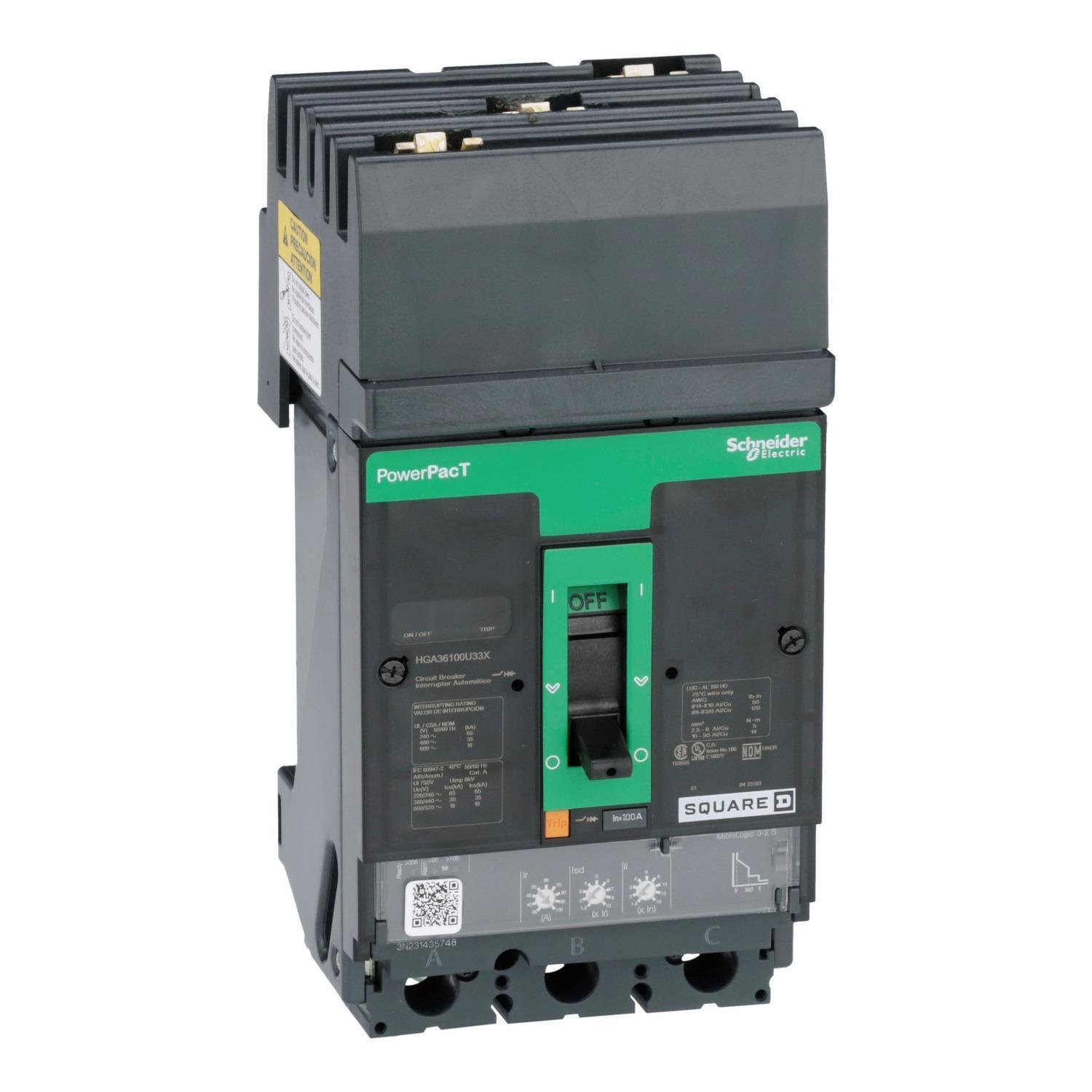 Picture of HGA36100U33X - Circuit breaker, PowerPacT H, 100A, 3 pole, 600VAC, 18kA, I-Line, Micrologic 3.2S, 80%, ABC