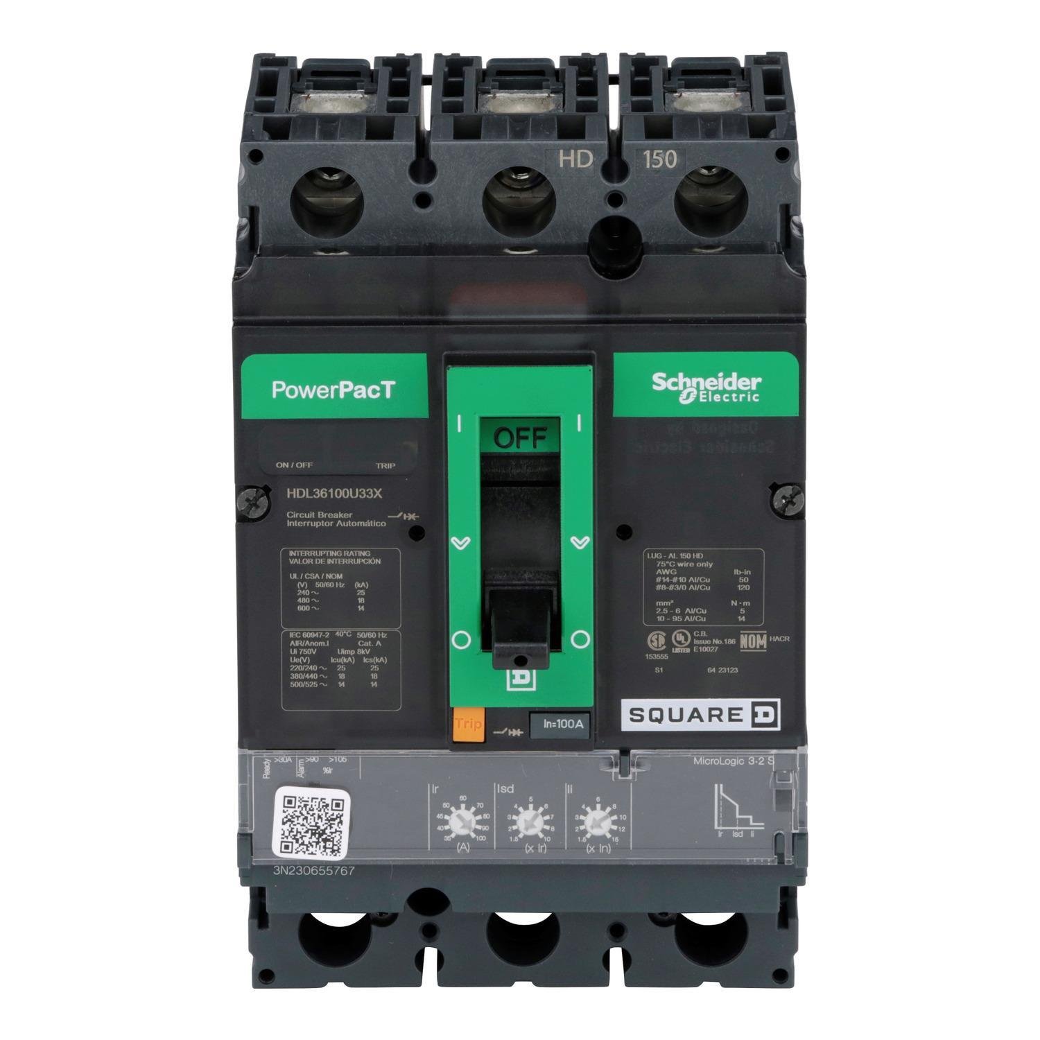 HDL36100U33X - Circuit breaker, PowerPacT H, 100A, 3 pole, 600VAC, 14kA, lugs, Micrologic 3.2S, 80%