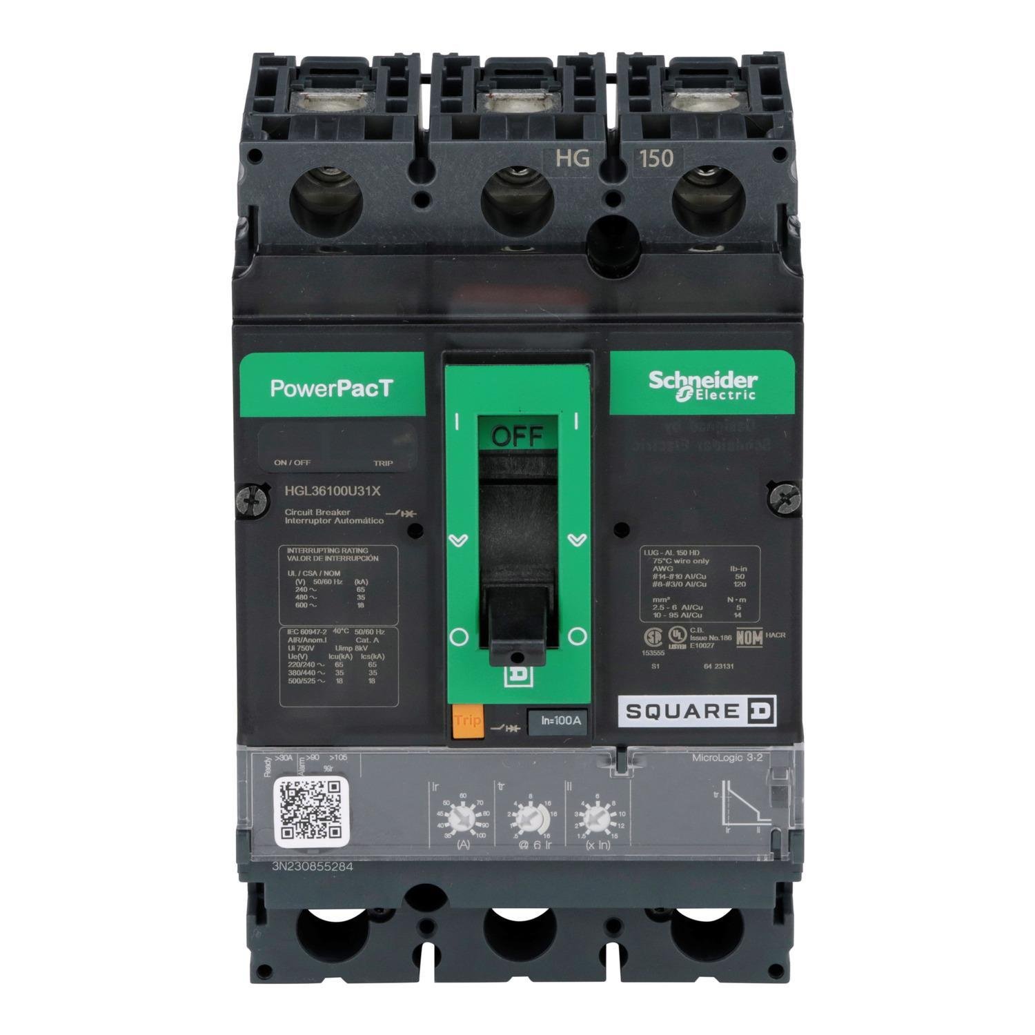 HGL36100U31X - Circuit breaker, PowerPacT H, 100A, 3 pole, 600VAC, 18kA, lugs, Micrologic 3.2, 80%