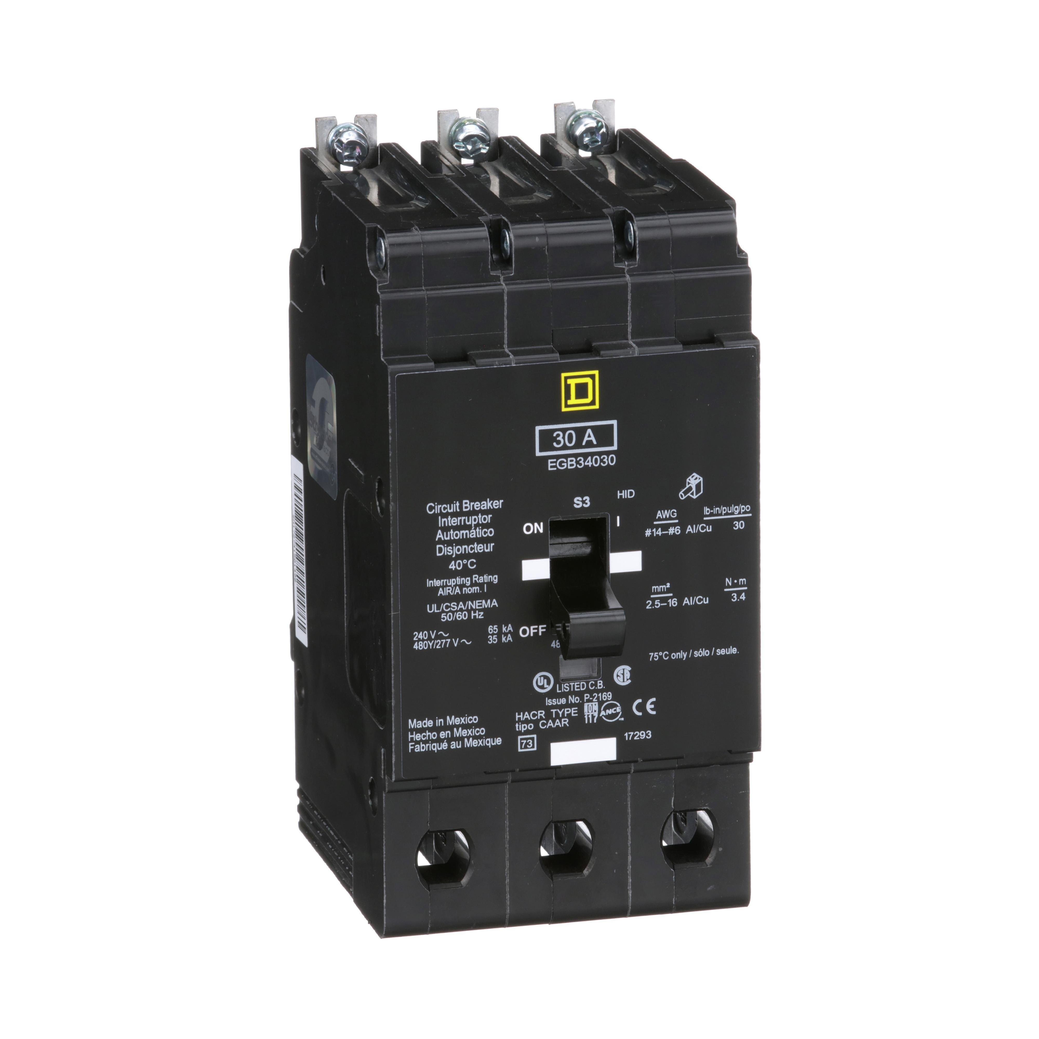 EGB34030 - [TAA] Mini circuit breaker, E-Frame, 30A, 3 pole, 480Y/277VAC, 65kA max, bolt on