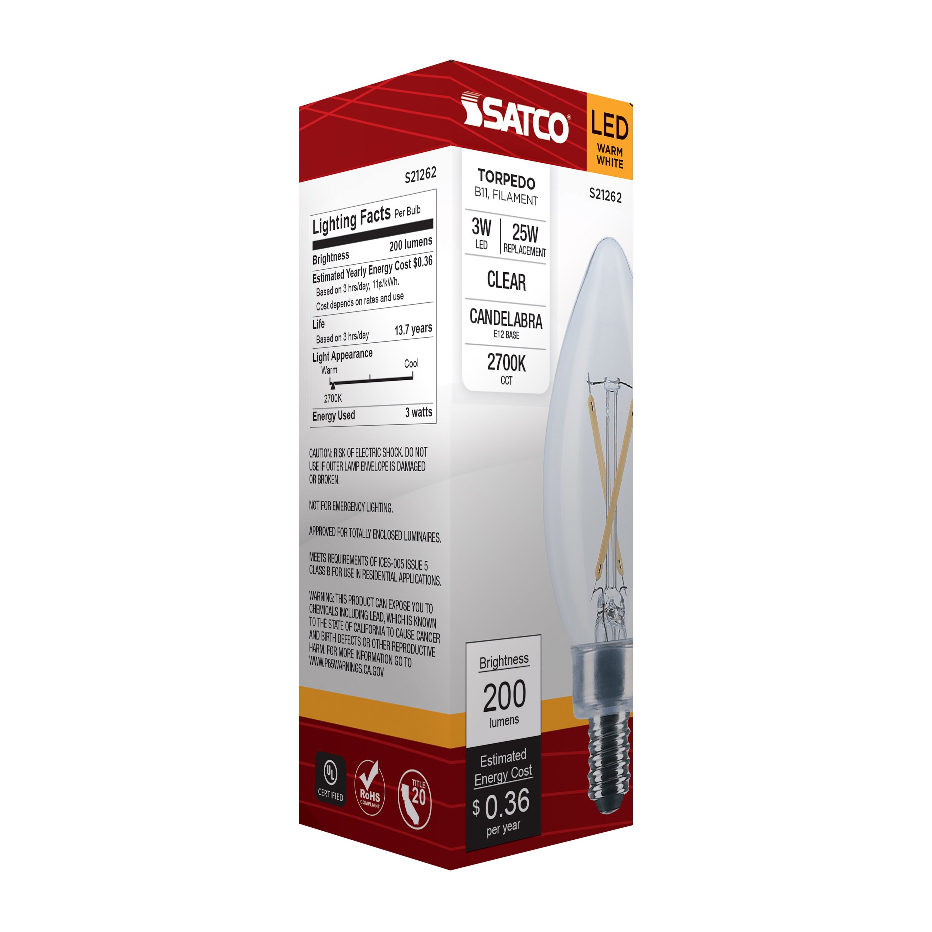 Picture of S21262 - 3 Watt B11 LED - Clear - Candelabra base - 90 CRI - 2700K - 120 Volt
