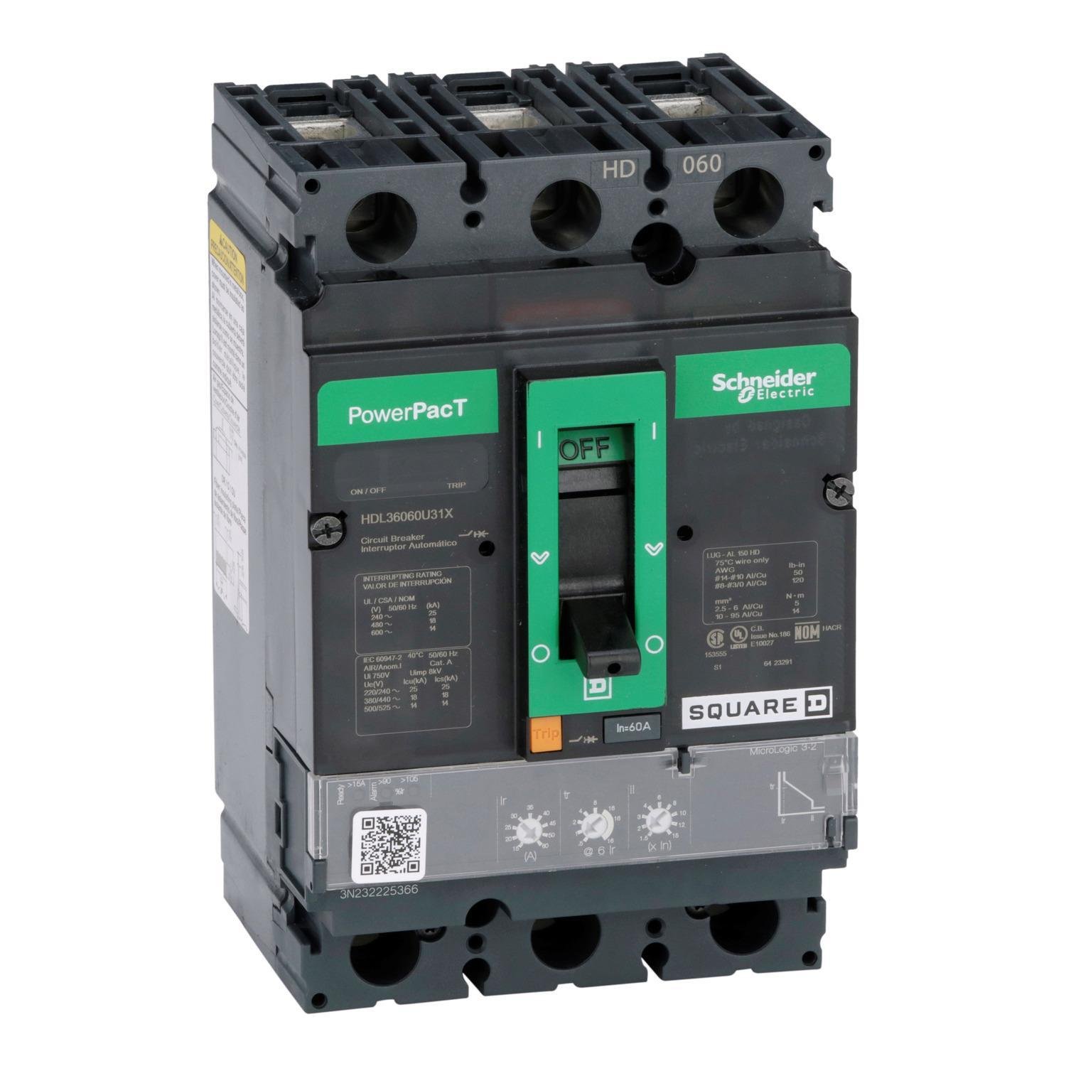 Picture of HDL36060U31X - Circuit breaker, PowerPacT H, 60A, 3 pole, 600VAC, 14kA, lugs, Micrologic 3.2, 80%
