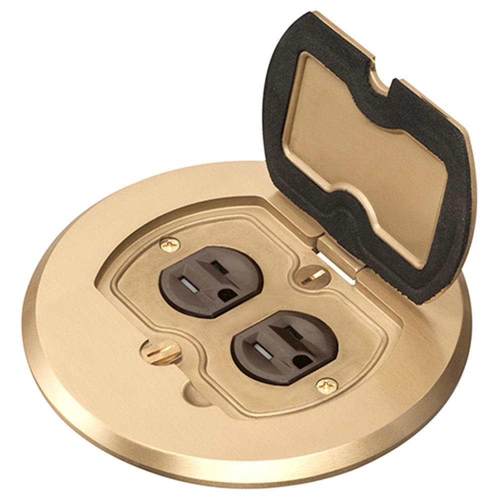 FLBAFR101MB - Round Cover Metallic adjustable floor box. Brass with flip lids. Includes tamper resistant duplex receptacle, cover plate with gasket and Arlington NM94 connector and Arlington NM900 knockout plug.