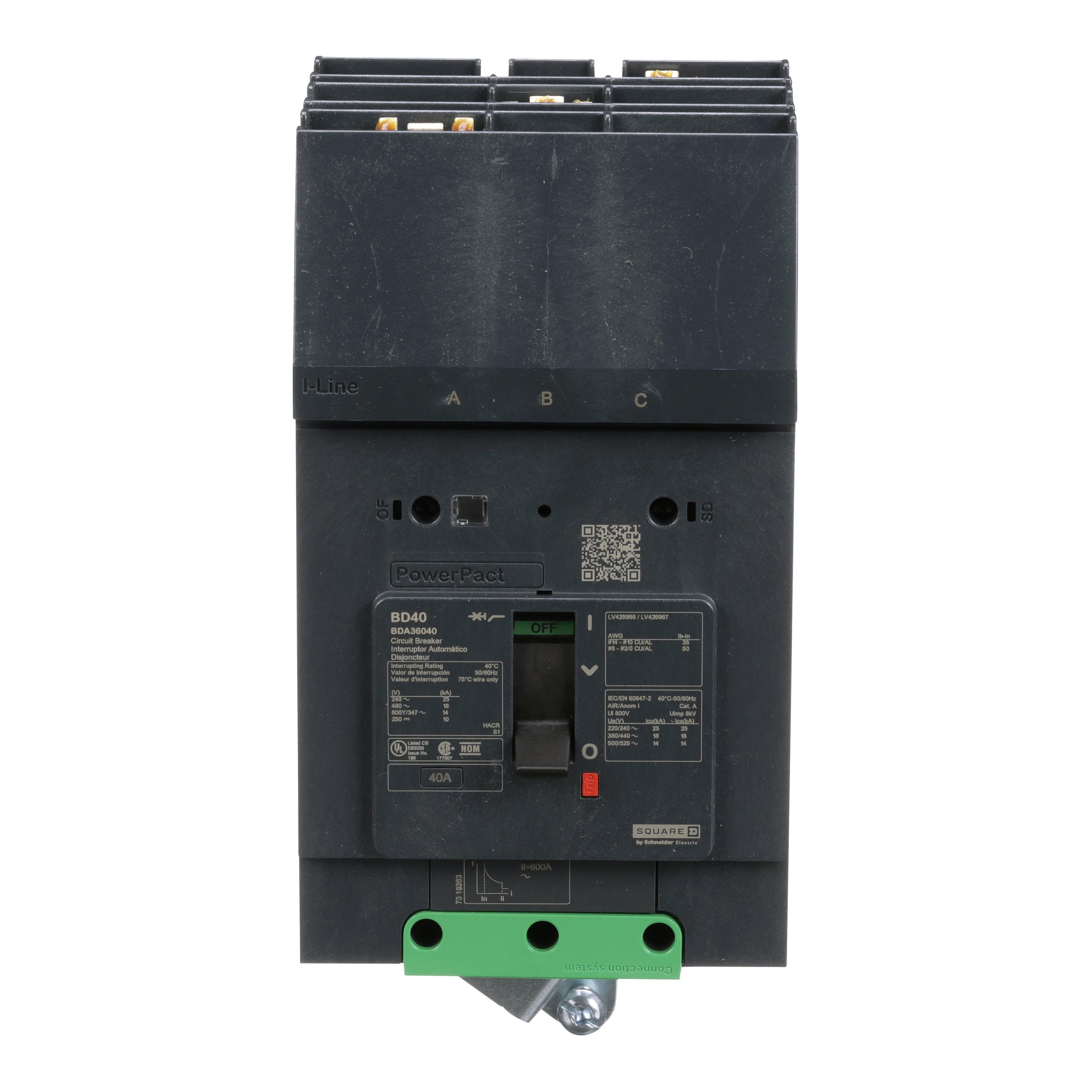 BDA36040 - Circuit breaker, PowerPacT B, 40A, 3 pole, 600Y/347VAC, 14kA, I-Line, thermal magnetic, 80%, ABC