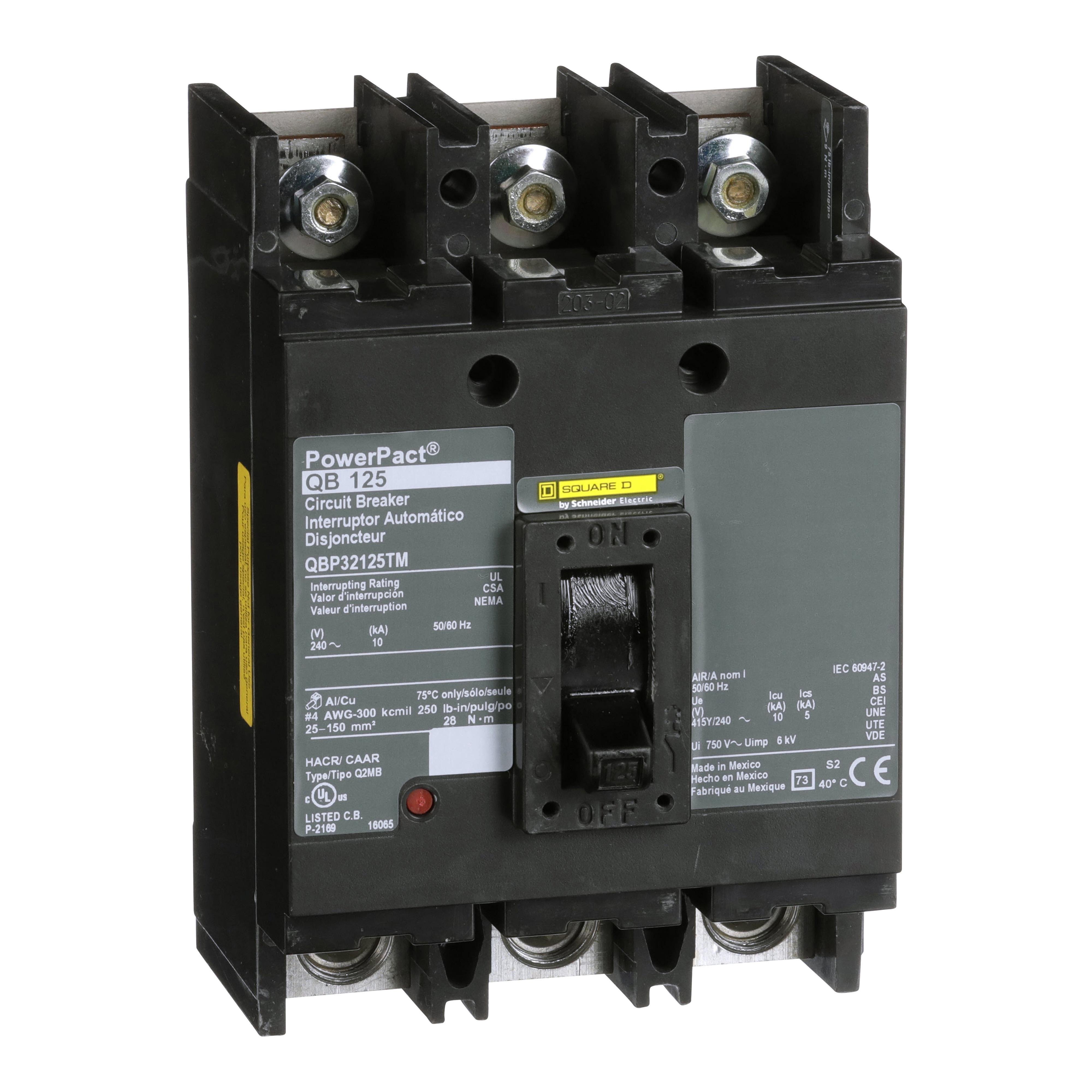 QBP32125TM - Circuit breaker, PowerPacT Q, 125A, 3 pole, 240VAC, 10kA, lugs, thermal magnetic, 80%, bottom of panel