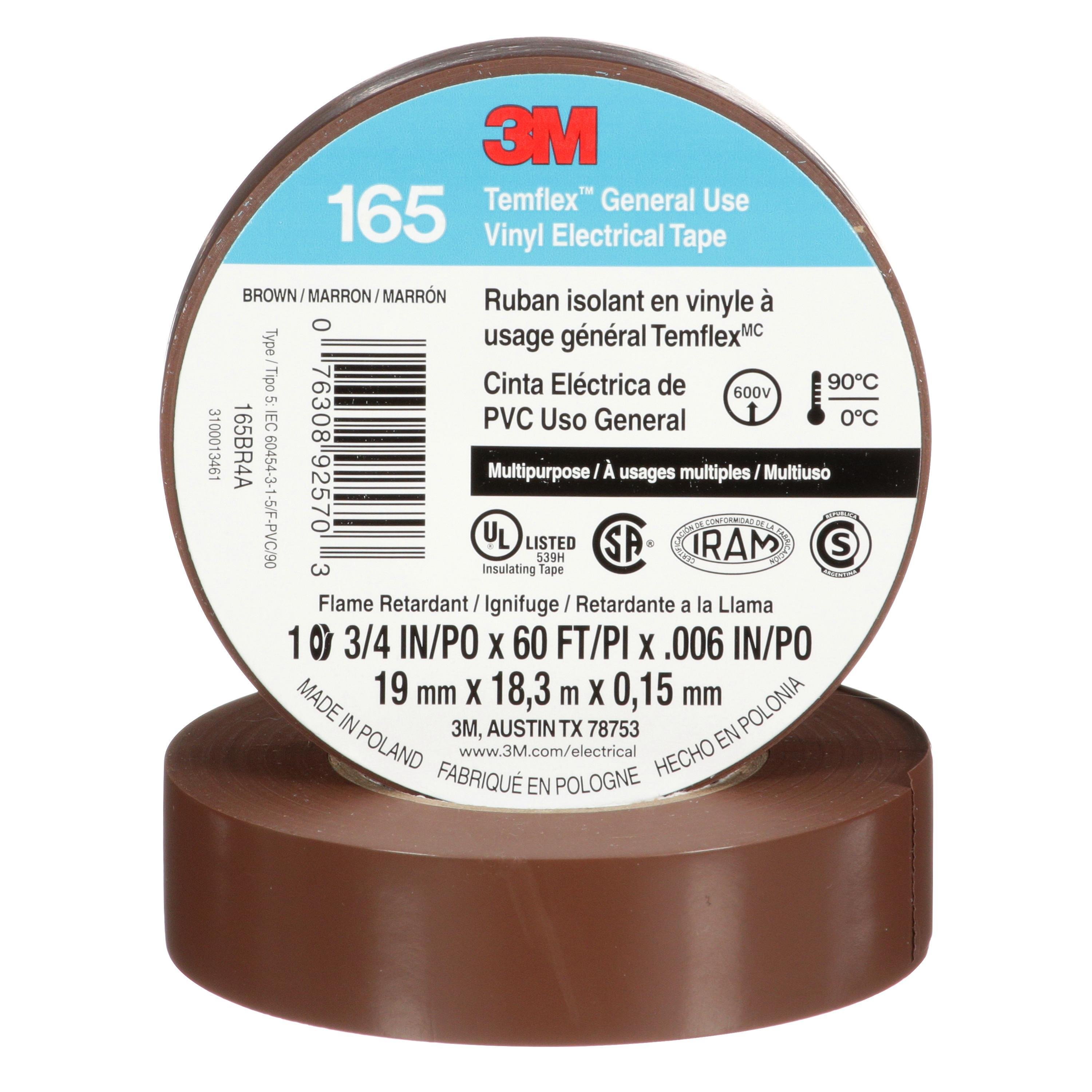 7100169191 - 3M™ Temflex™ Vinyl Electrical Tape 165, Brown, 3/4 in x 60 ft (19 mm x 18 m), 6 mil, 100 Rolls/Case