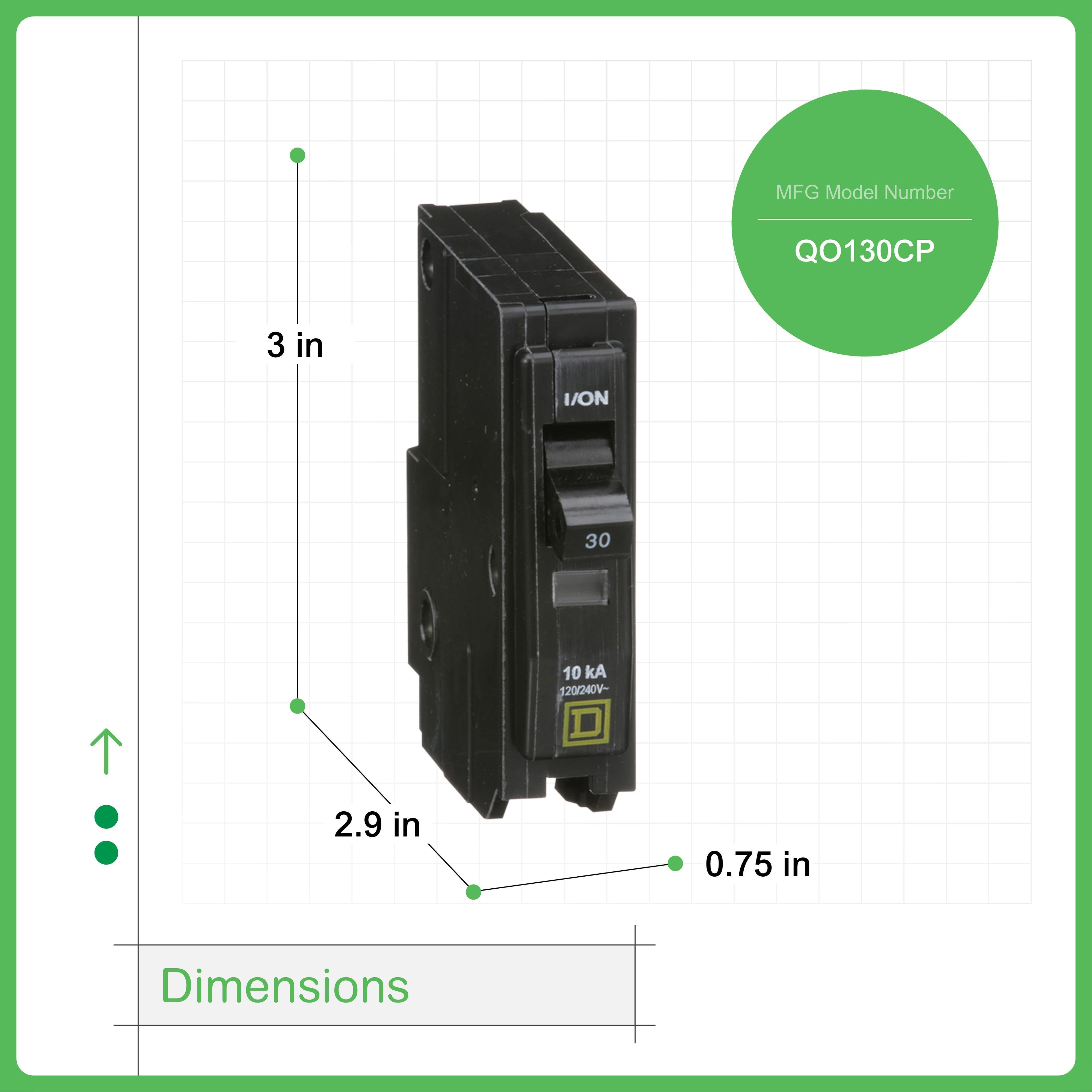 Picture of QO130 - Mini circuit breaker, QO, 30A, 1 pole, 120/240VAC, 10kA, plug in