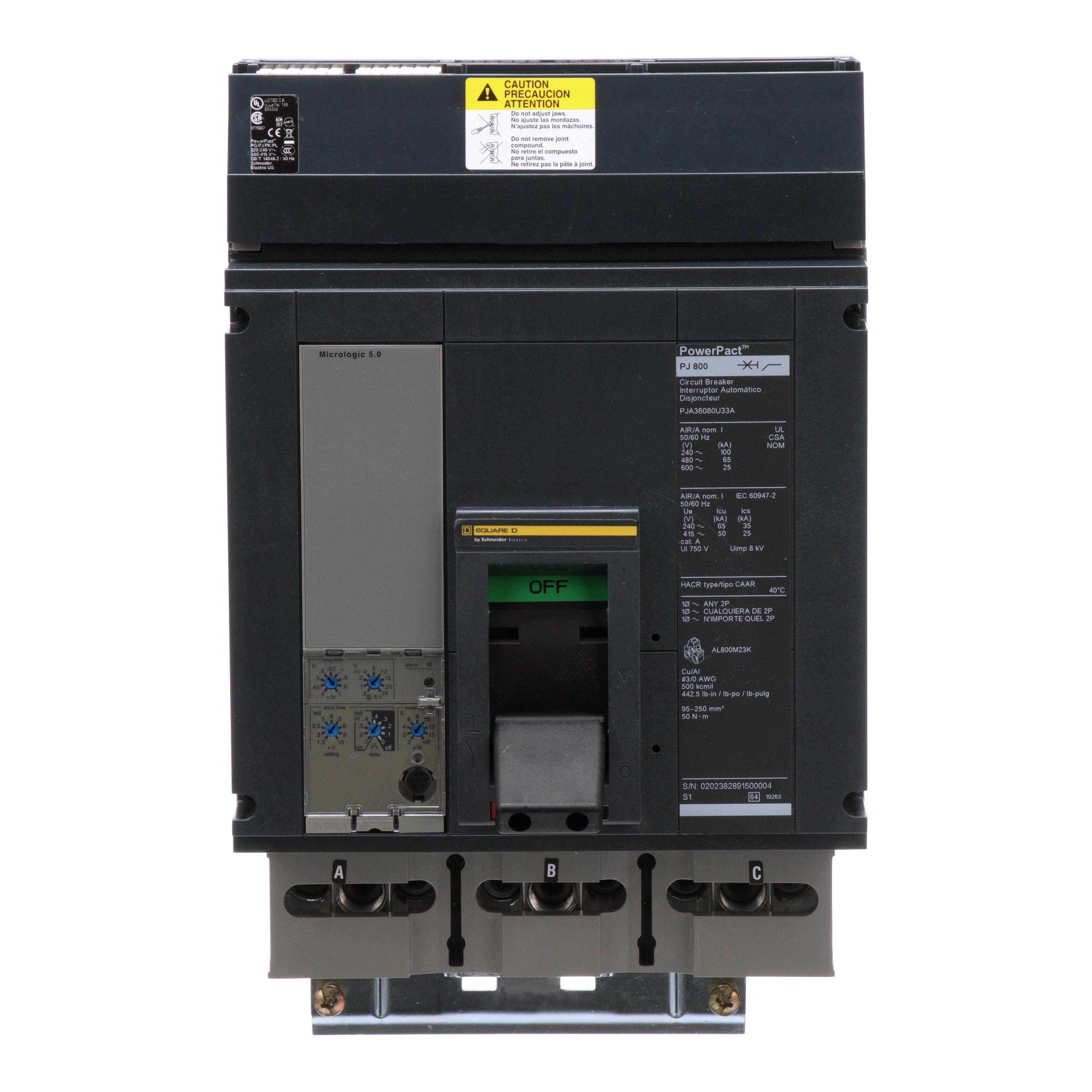 PJA36080U33A - Circuit breaker, PowerPacT P, 800A, 3 pole, 600VAC, 25kA, I-Line, Micrologic 5.0, 80%, ABC