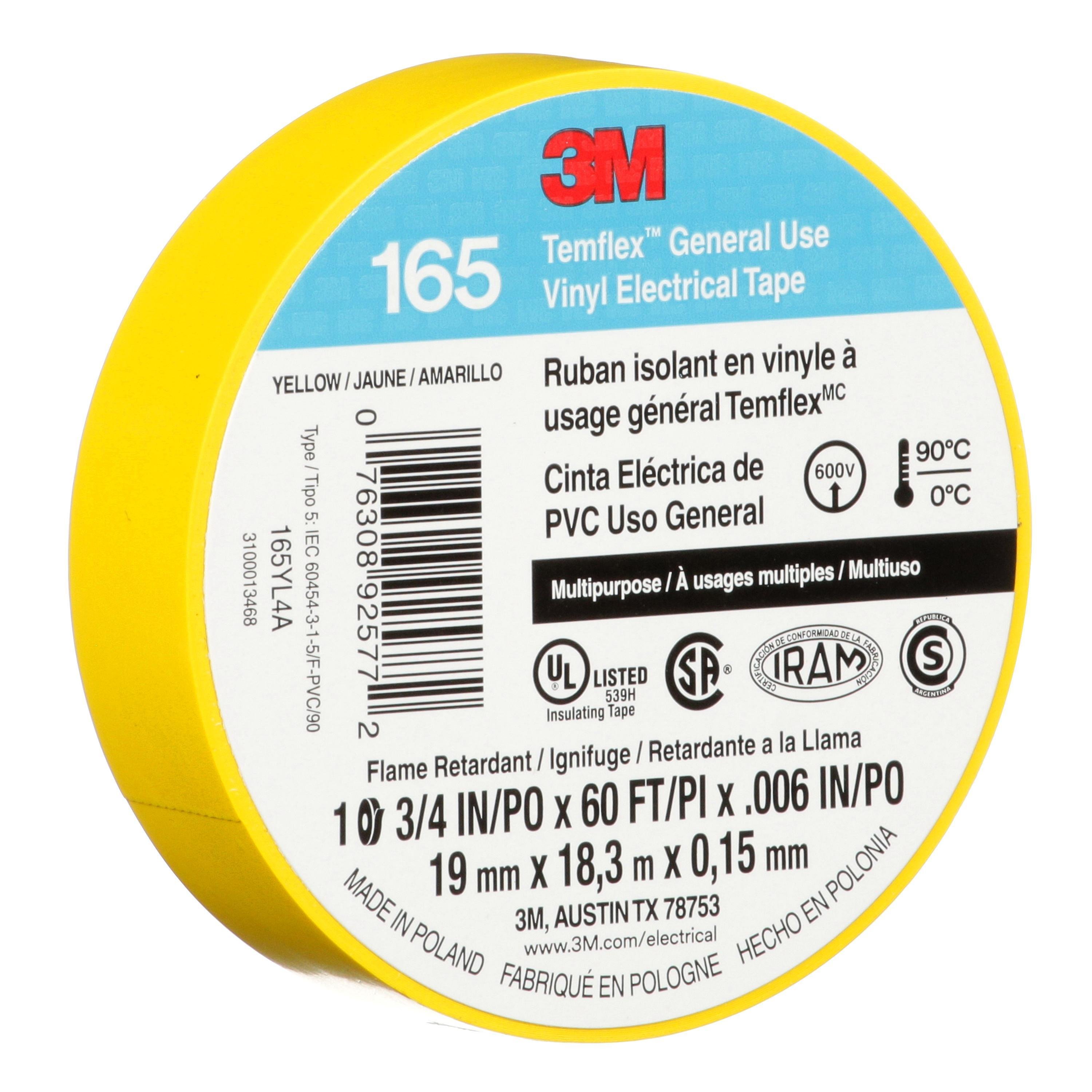 Picture of 7100169490 - 3M™ Temflex™ Vinyl Electrical Tape 165, Yellow, 3/4 in x 60 ft (19 mm x 18 m), 6 mil, 100 Rolls/Case