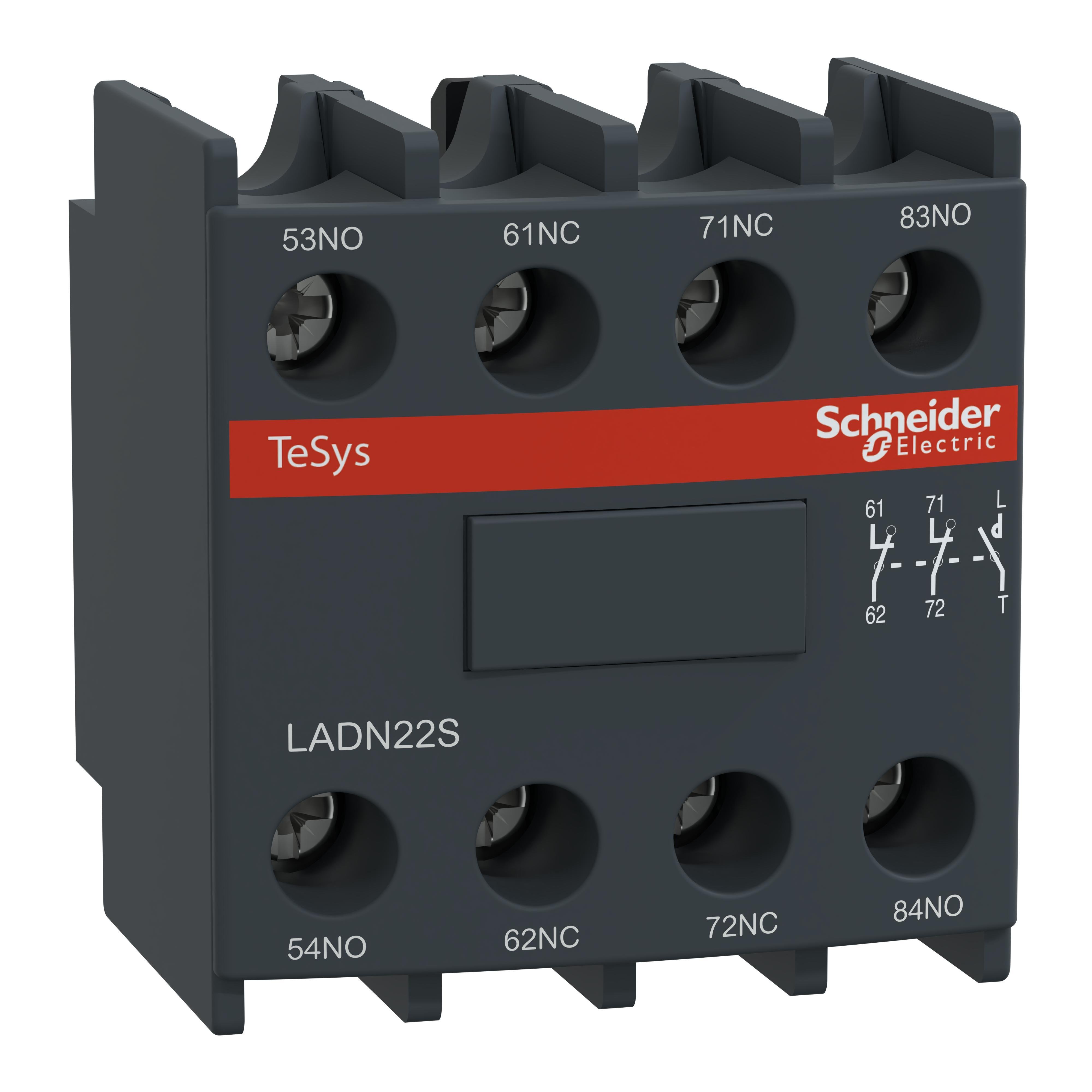 LADN22S - Auxiliary contact block, TeSys Deca, 2NO + 2NC, front mounting, screw clamp terminals, red front face