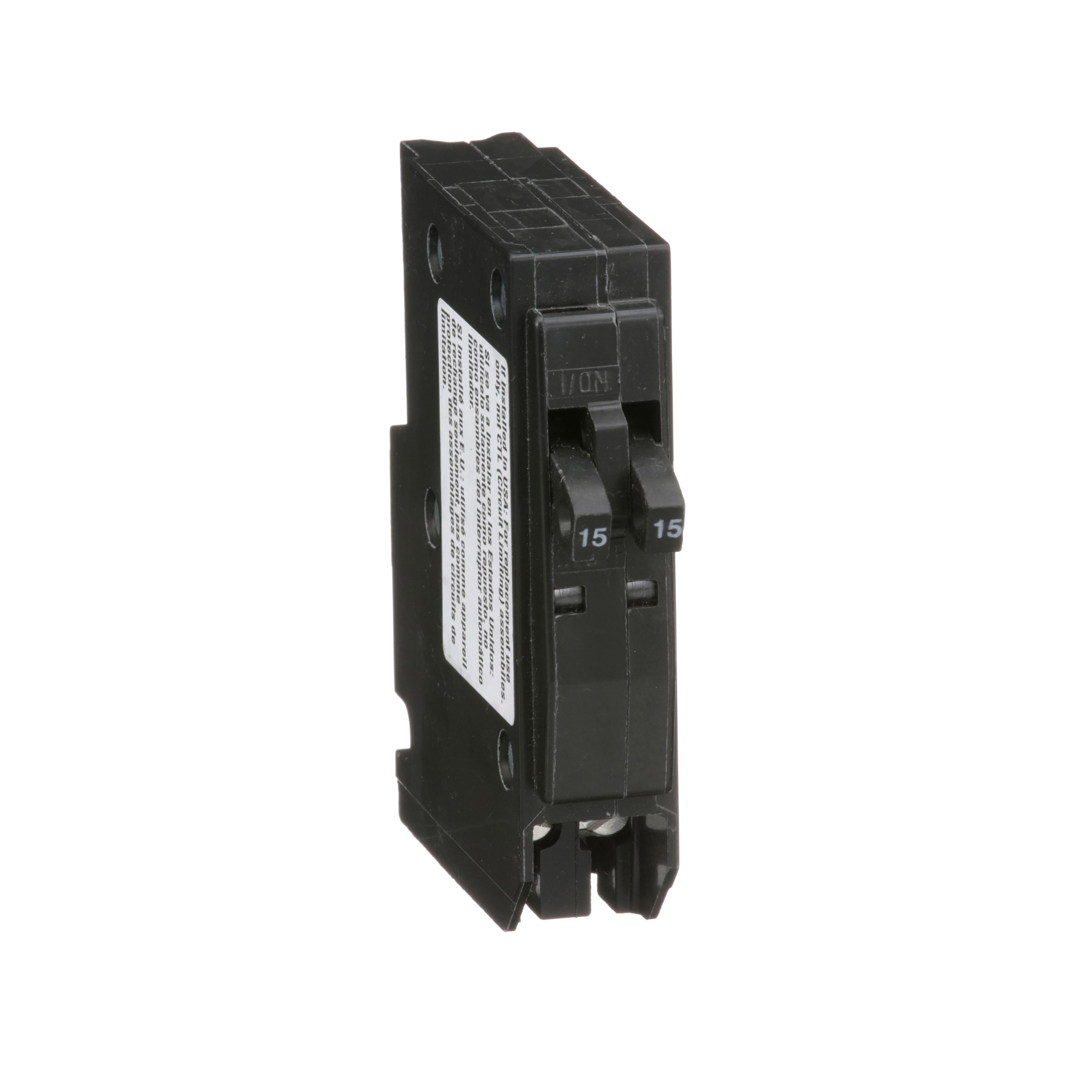 QO1515 - Tandem mini circuit breaker, QO, 2 x 1 pole at 15A, 120/240VAC, 10kA, plug in