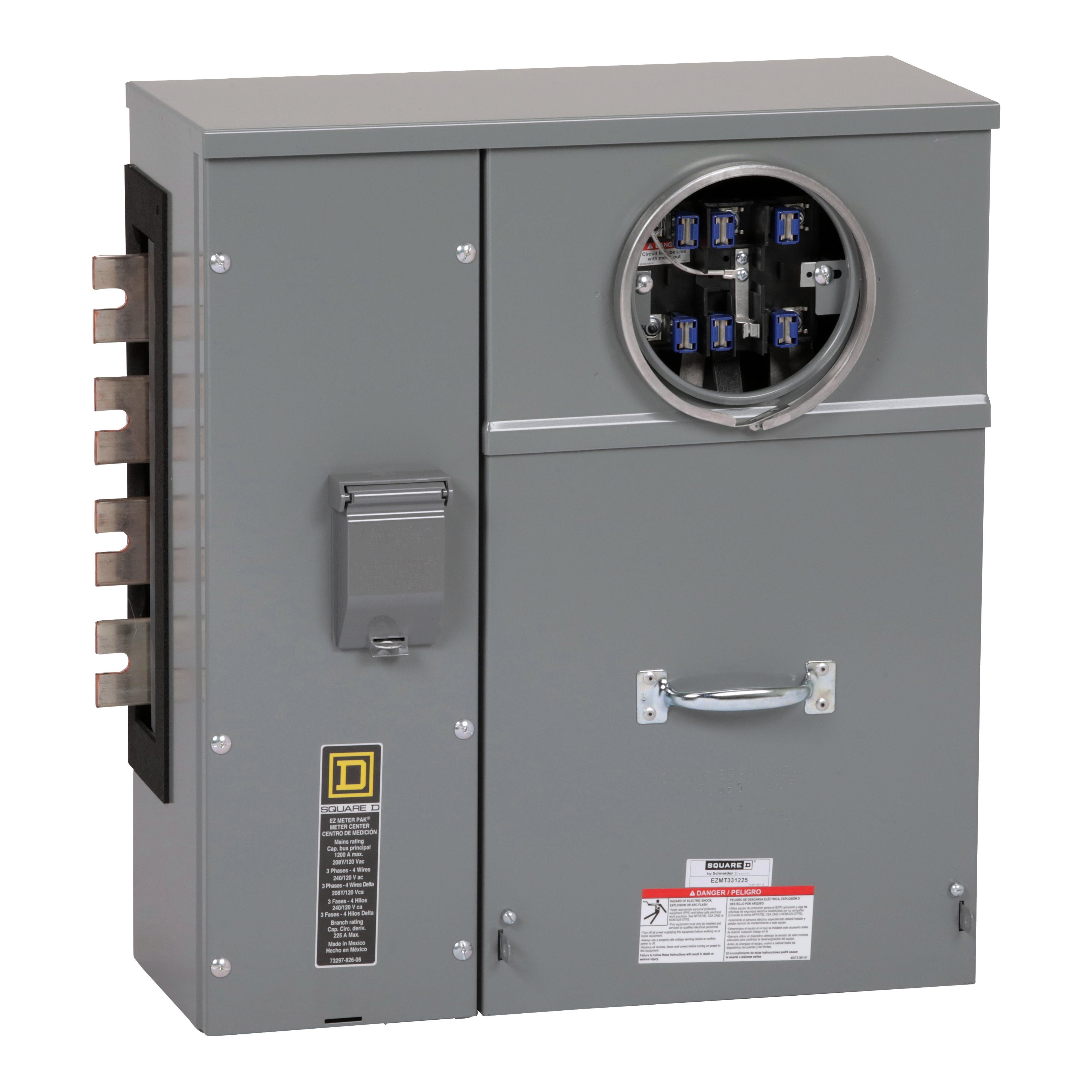 EZMT331225 - Branch unit, EZ Meter-Pak, 225A, 1 x 7 jaw socket, 208Y/120VAC, test block bypass, ringed, 1200A Al/Cu busbar