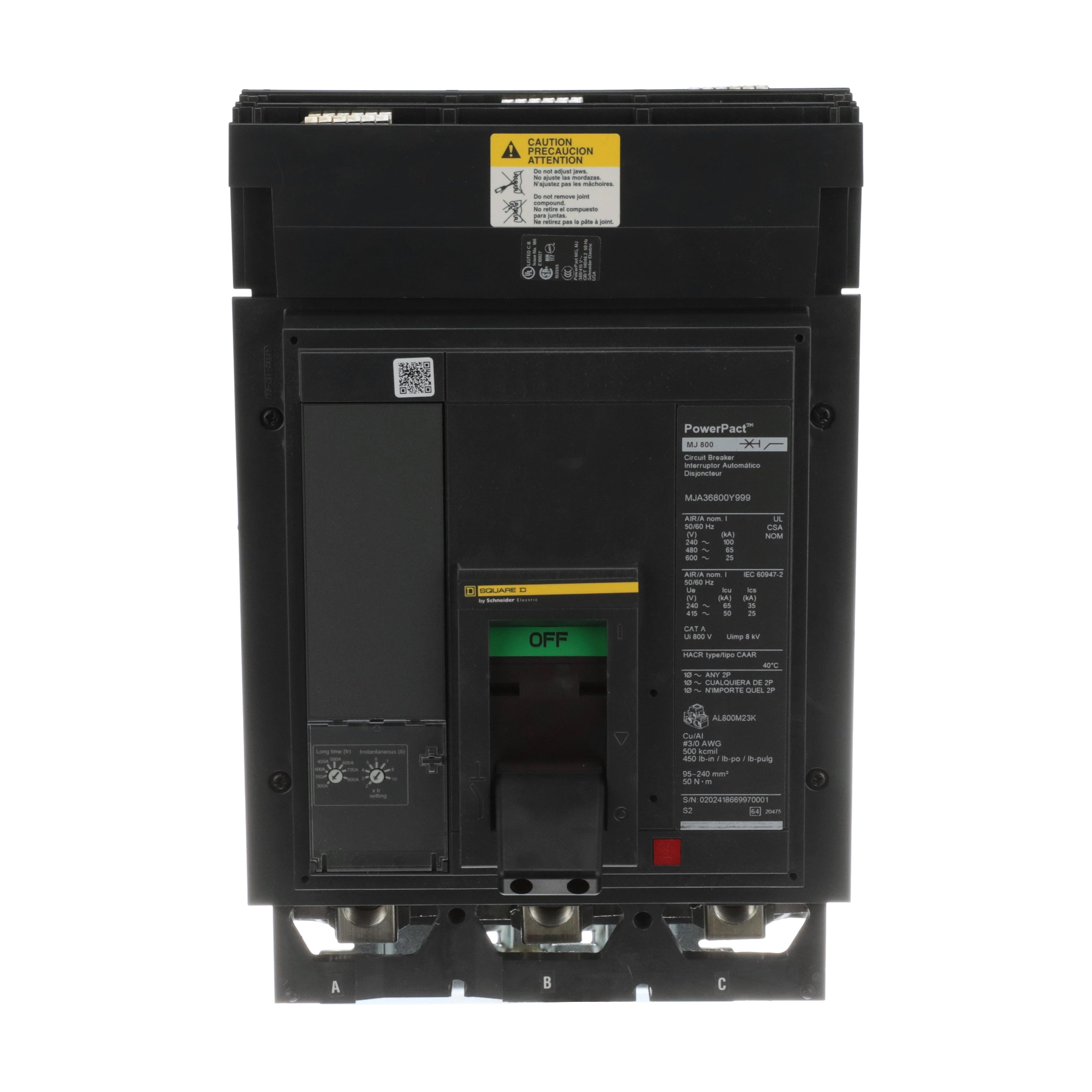 MJA36800E10 - Circuit breaker, PowerPacT M, 300A to 800A, 3 pole, 600VAC, 25kA, I-Line, adjustable trip, 80%, ABC