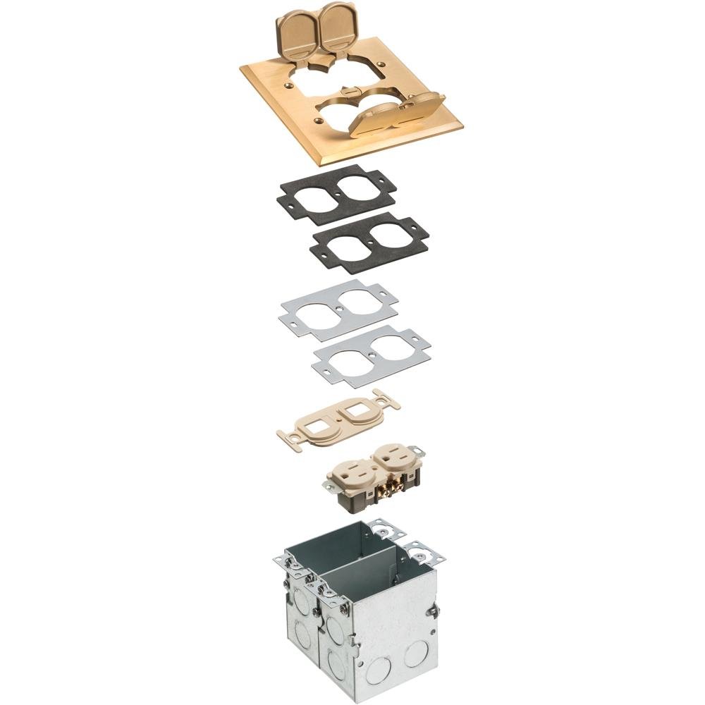 FLB5552MB - A combination floor box kit with installed low voltage devider. Includes four flip lids and gasket, One duplex receptacle and one low voltage duplex plate. Brass.
