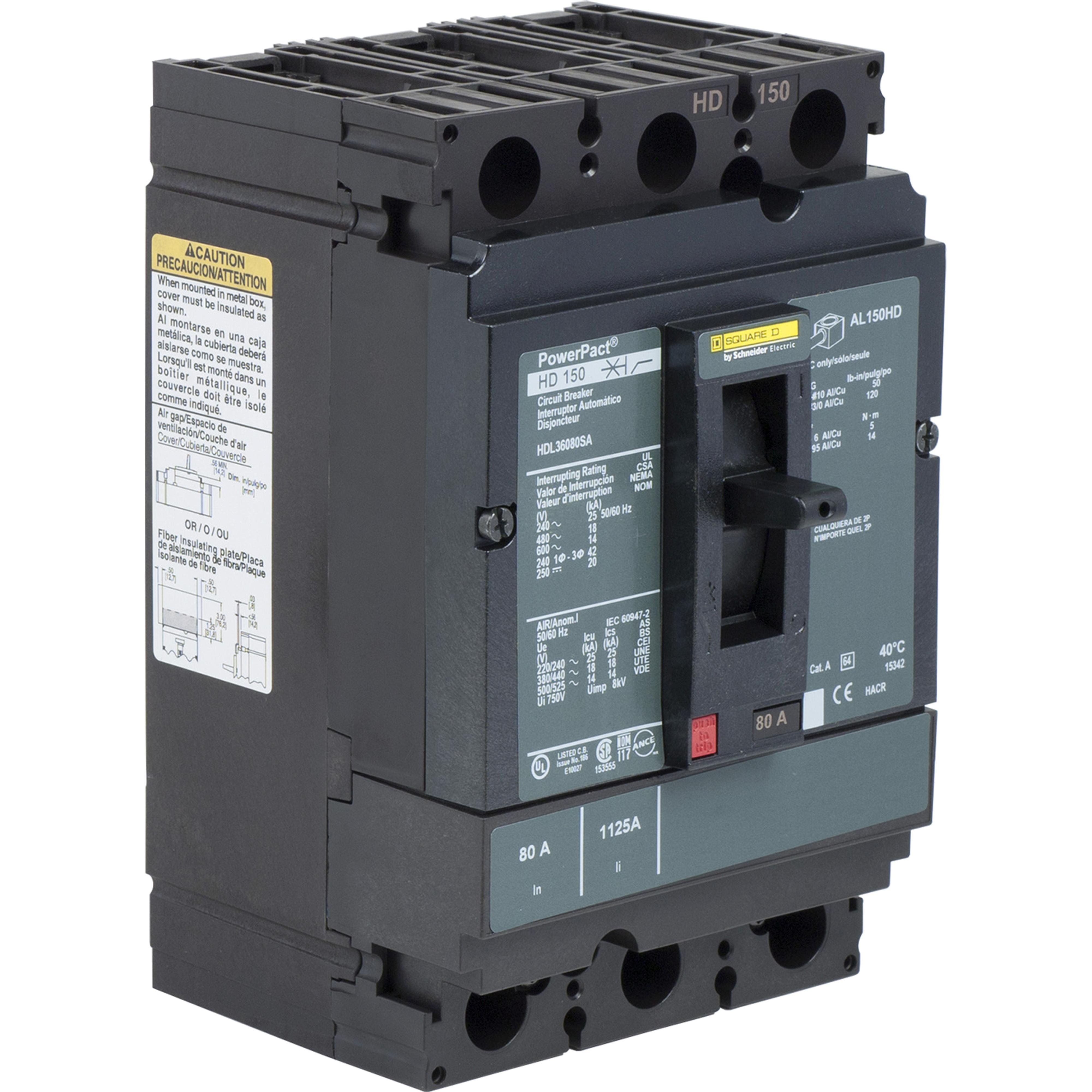 HDL36100CU33X - Circuit breaker, PowerPacT H, 100A, 3 pole, 600VAC, 14kA, lugs, Micrologic 3.2S, 100%