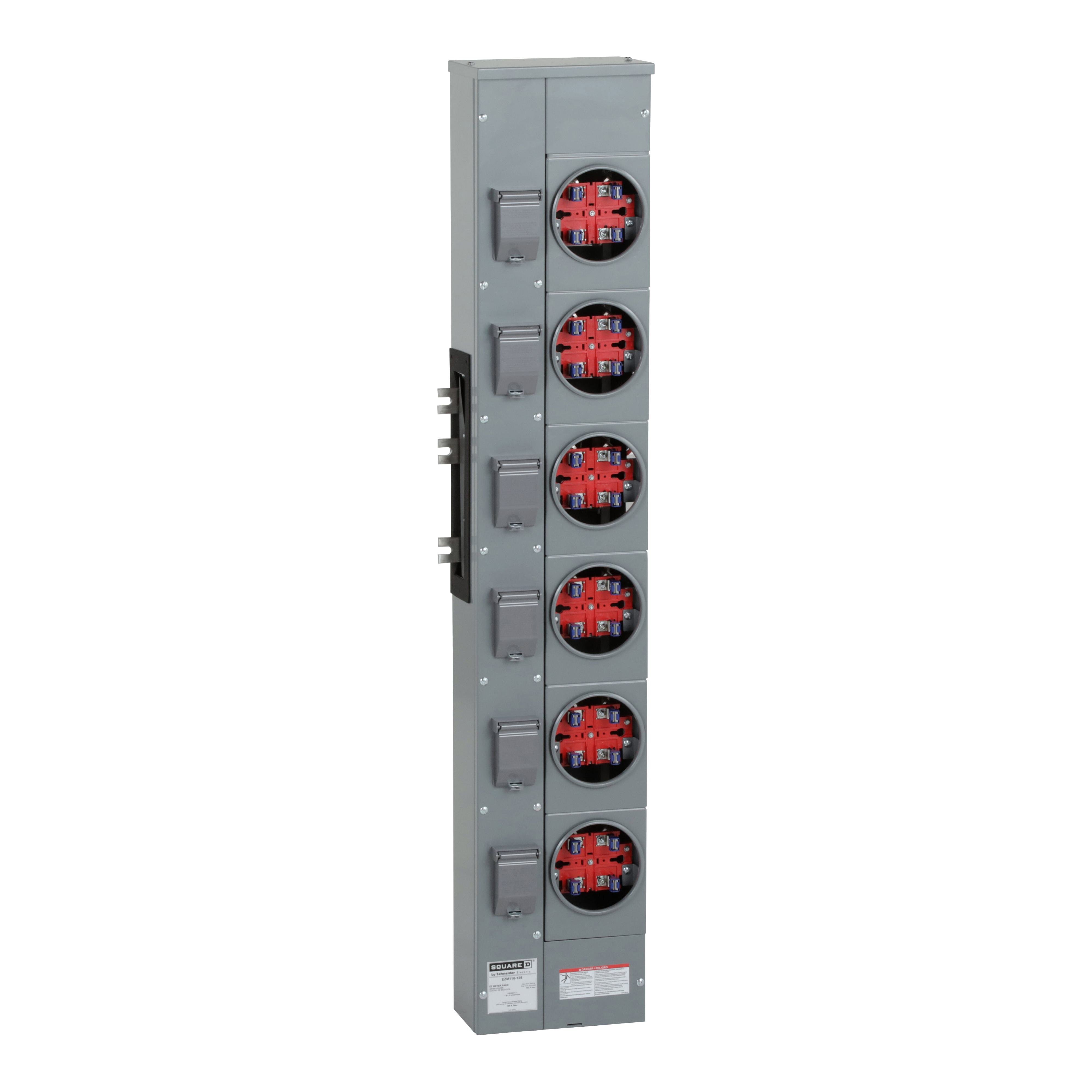 Picture of EZM116125 - Branch unit, EZ Meter-Pak, 125A, 6 x 4 jaw sockets, 120/240VAC, no bypass, ringed, 800A Al busbar