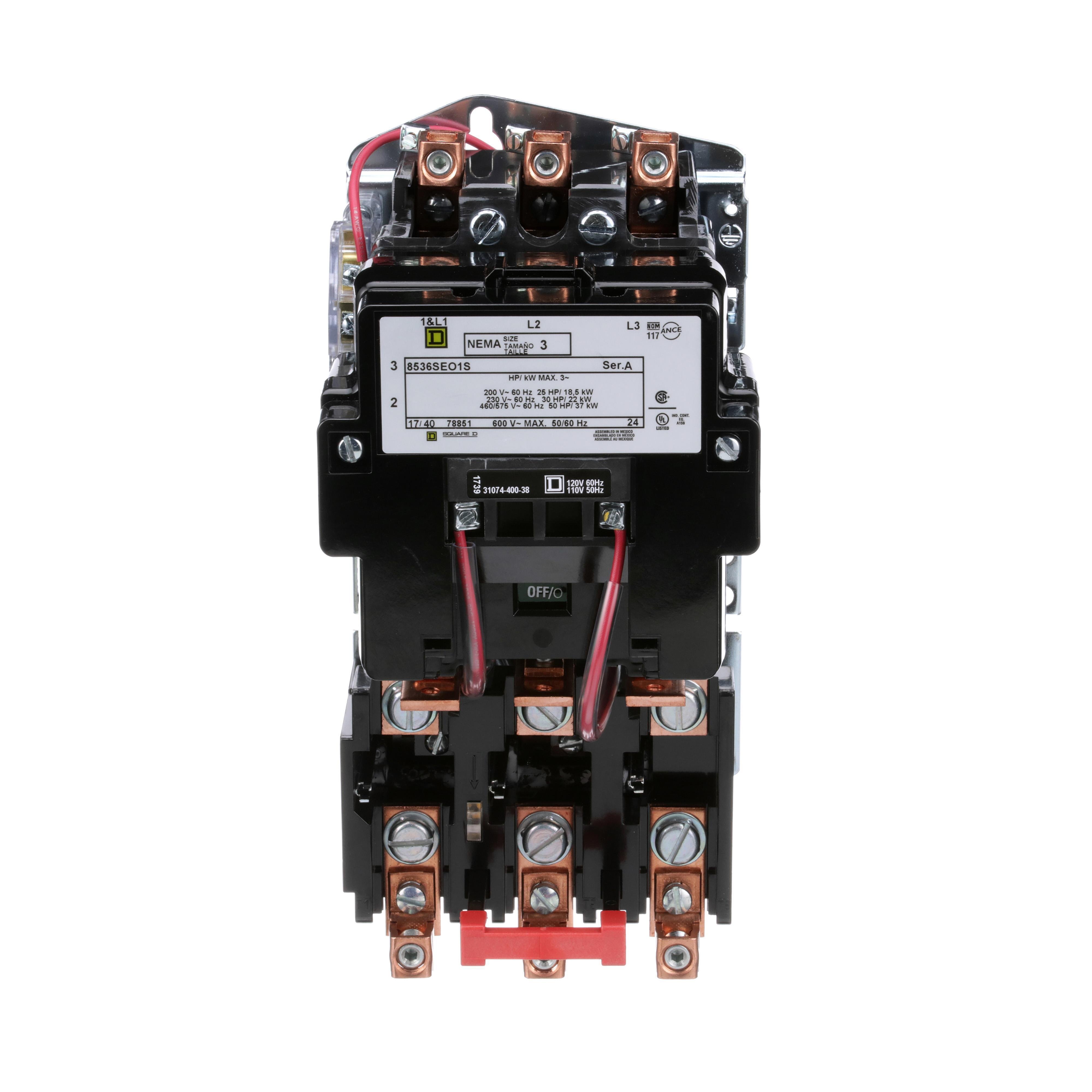 8536SEO1V02S - NEMA motor starter, Type S, nonreversing, Size 3, 90A, 50HP at 460VAC, 5kA SCCR, 3 phase, 3 pole, melting alloy, 120VAC coil, open