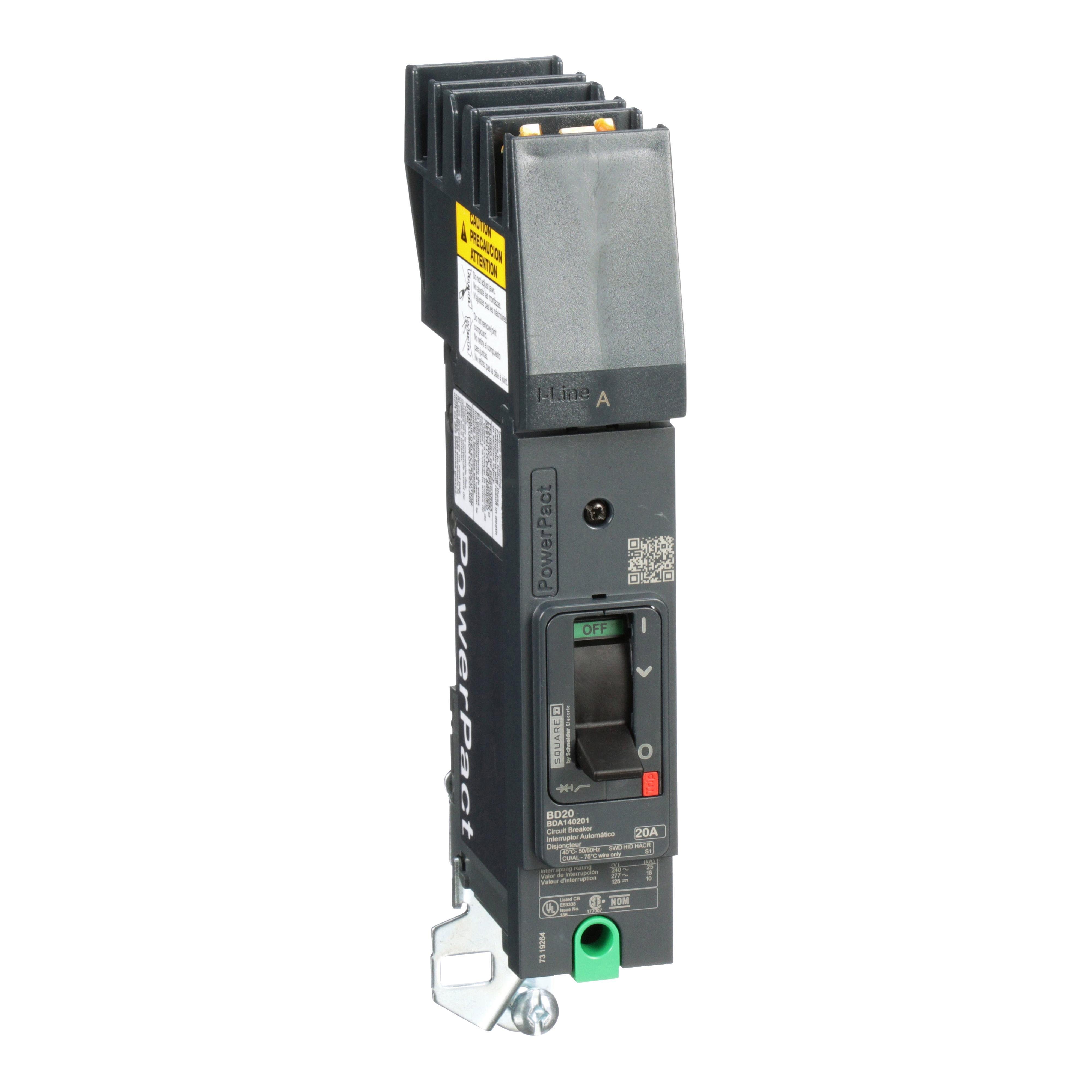 BDA140201 - Circuit breaker, PowerPacT B, 20A, 1 pole, 480Y/277VAC, 18kA, I-Line, thermal magnetic, 80%, A