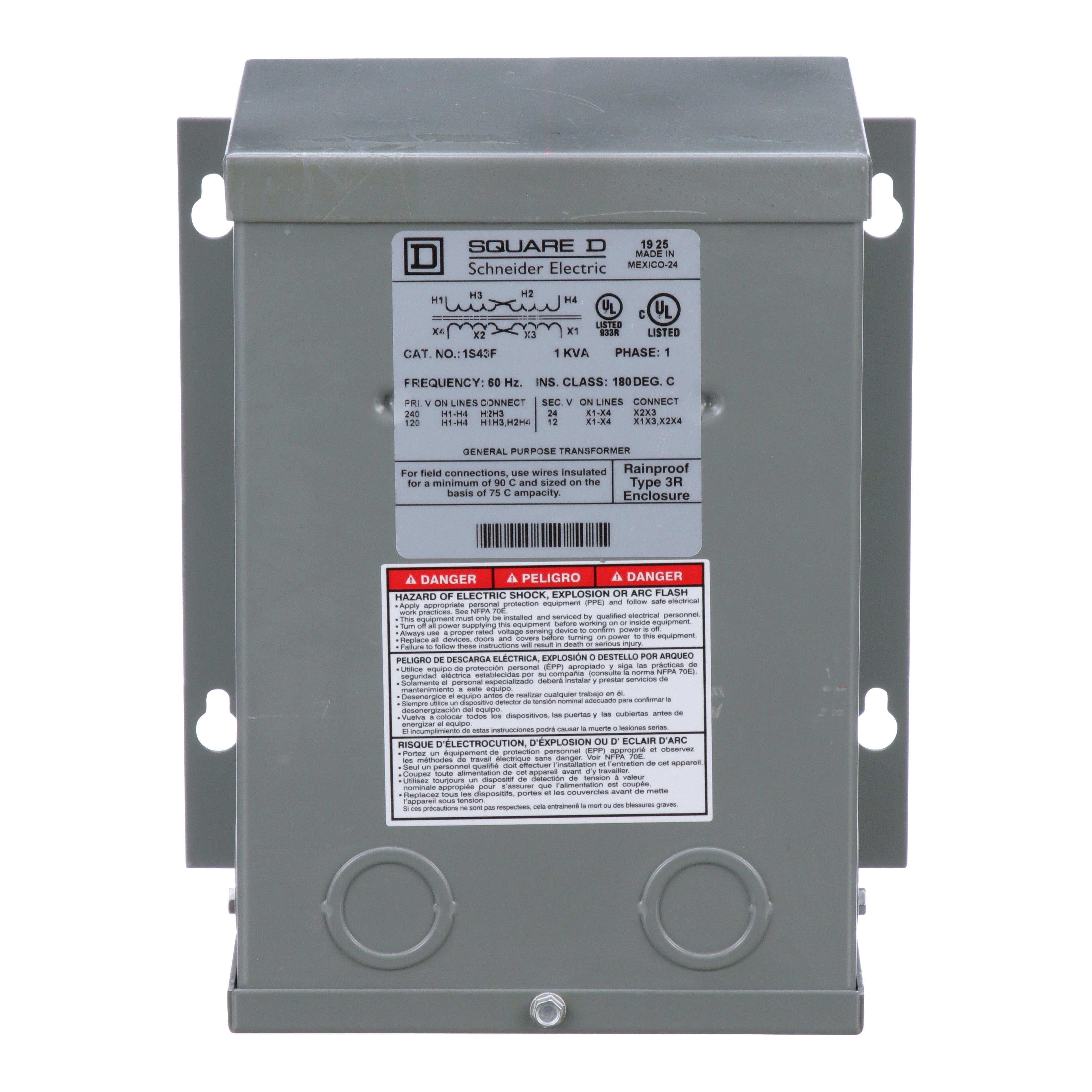 1S43F - Transformer, buck boost, encapsulated, 1kVA, 1 phase, 120x240V primary, 12/24V secondary, NEMA 3R, 115C rise