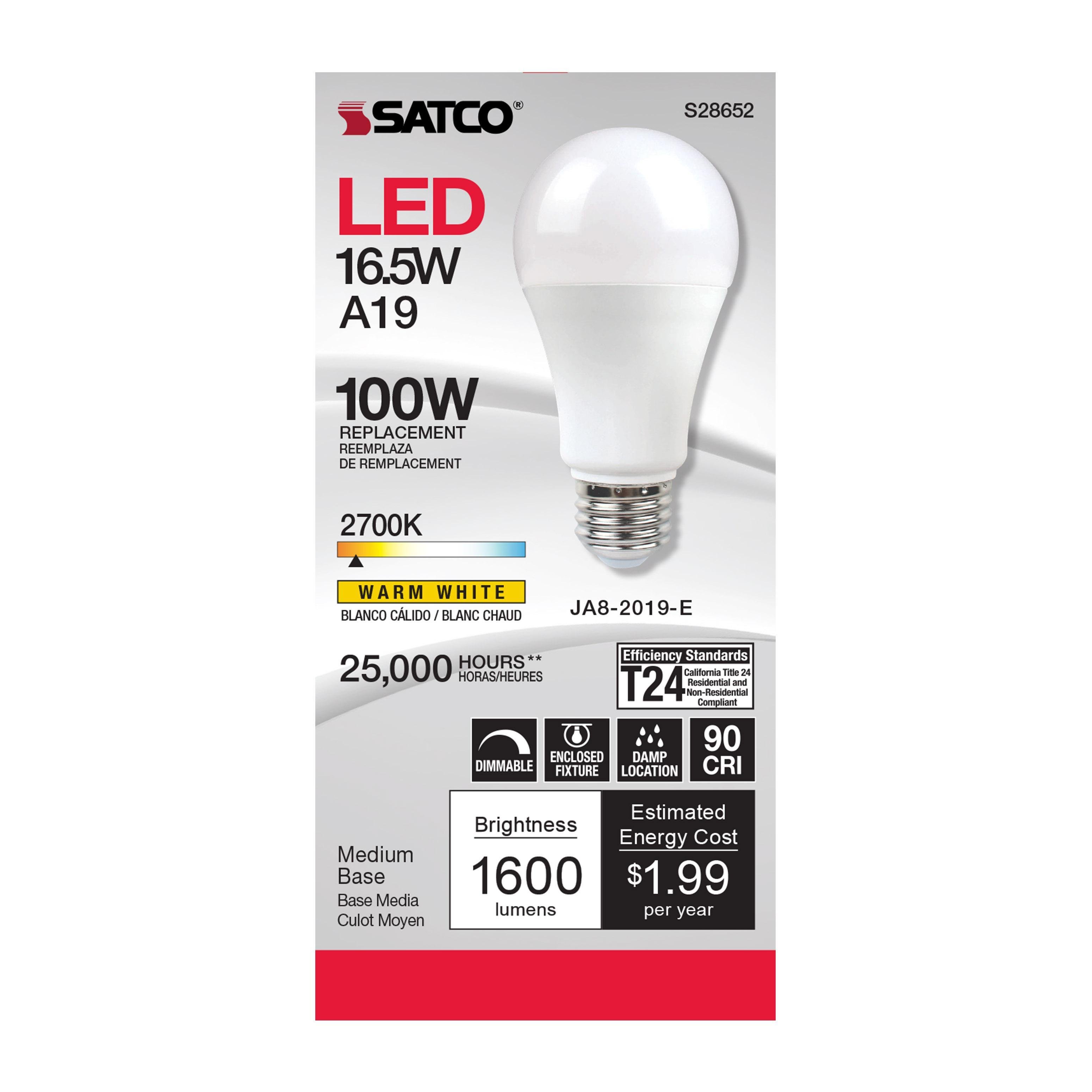 Picture of S28652 - 16.5 Watt - A19 LED - 90CRI - 2700K - Medium base - 220 deg. Beam Angle - 120 Volt - 1600 Lumens - CEC