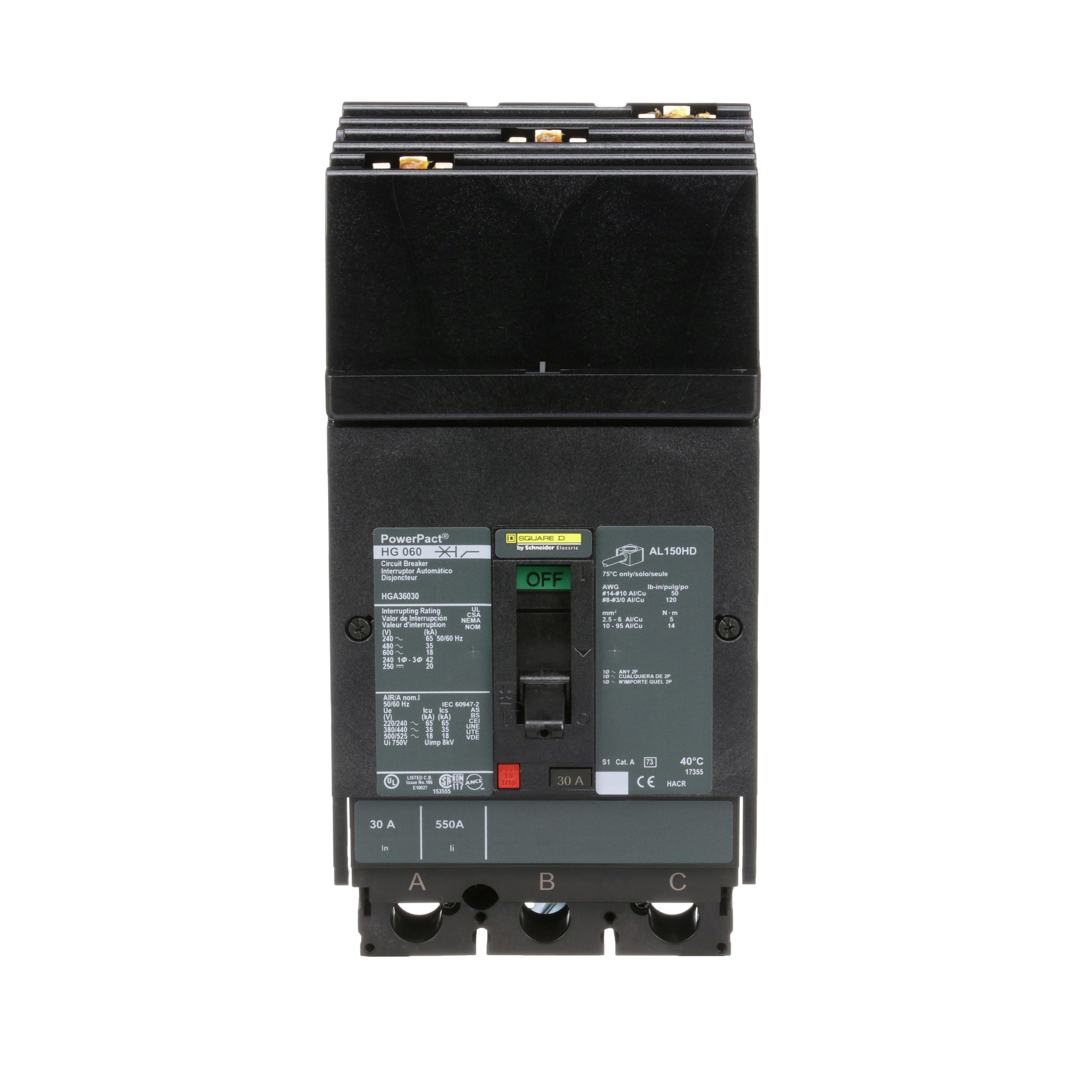 HGA36030 - Circuit breaker, PowerPacT H, 30A, 3 pole, 600VAC, 18kA, I-Line, thermal magnetic, 80%, ABC