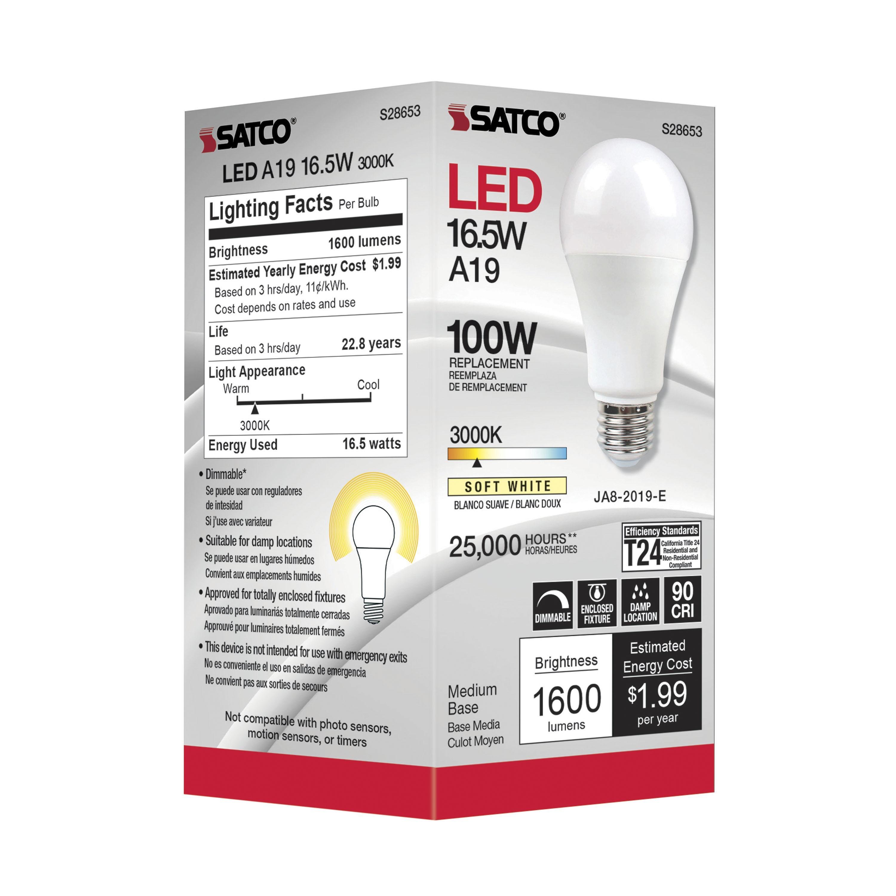 S28653 - 16.5 Watt - A19 LED - 90CRI - 3000K - Medium base - 220 deg. Beam Angle - 120 Volt - 1600 Lumens - CEC