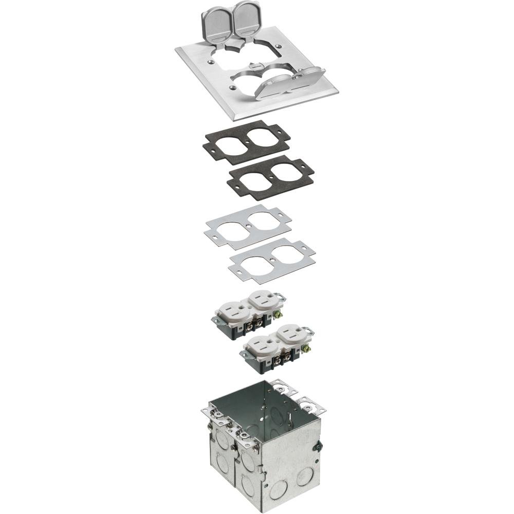 FLB5551NL - Floor box kit with steel box and metal cover with four flip lids. 2 Gang with gasket and two tamper resistant receptacle. Nickel.