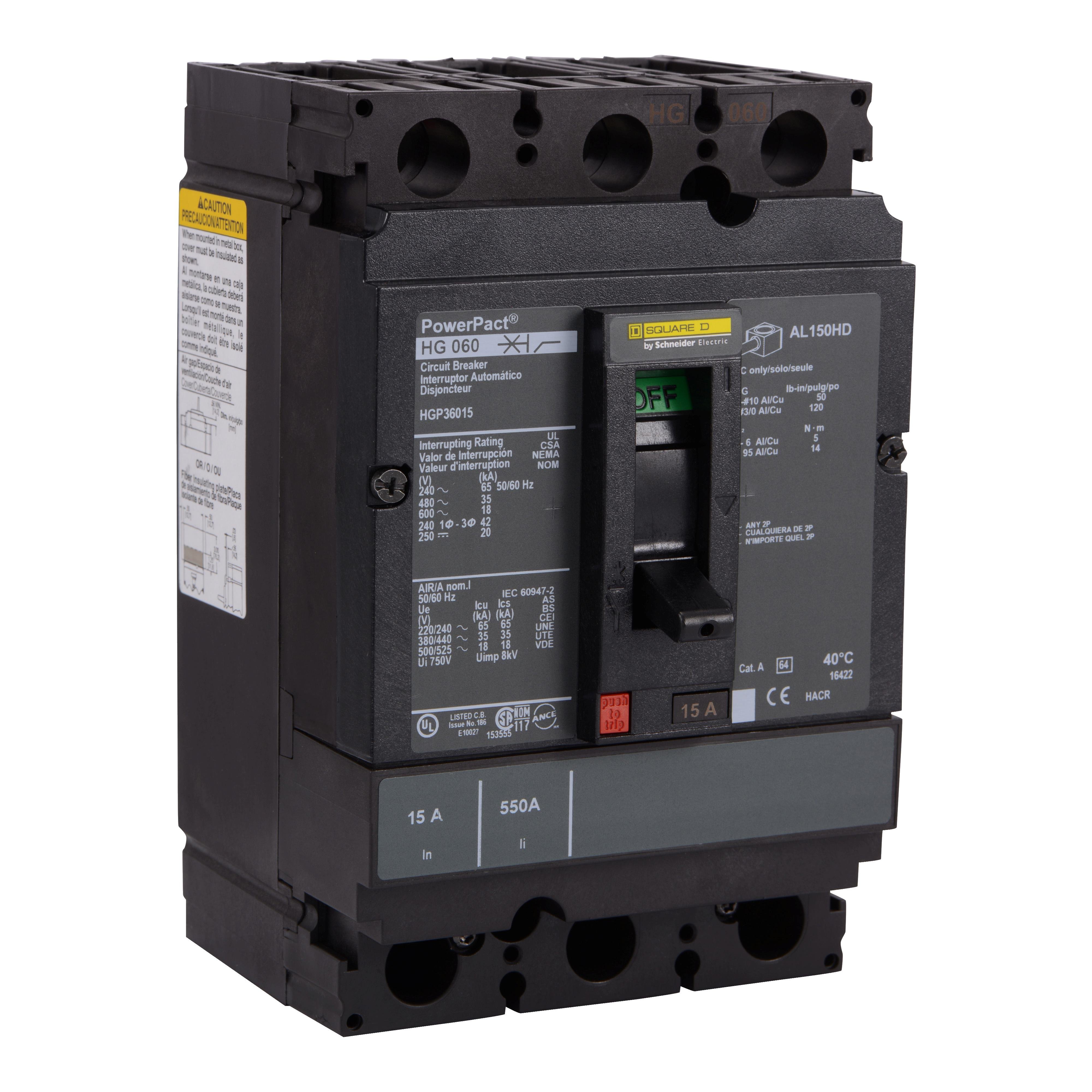 HGP36050 - Circuit breaker, PowerPacT H, 50A, 3 pole, 600VAC, 18kA, lugs, thermal magnetic, 80%