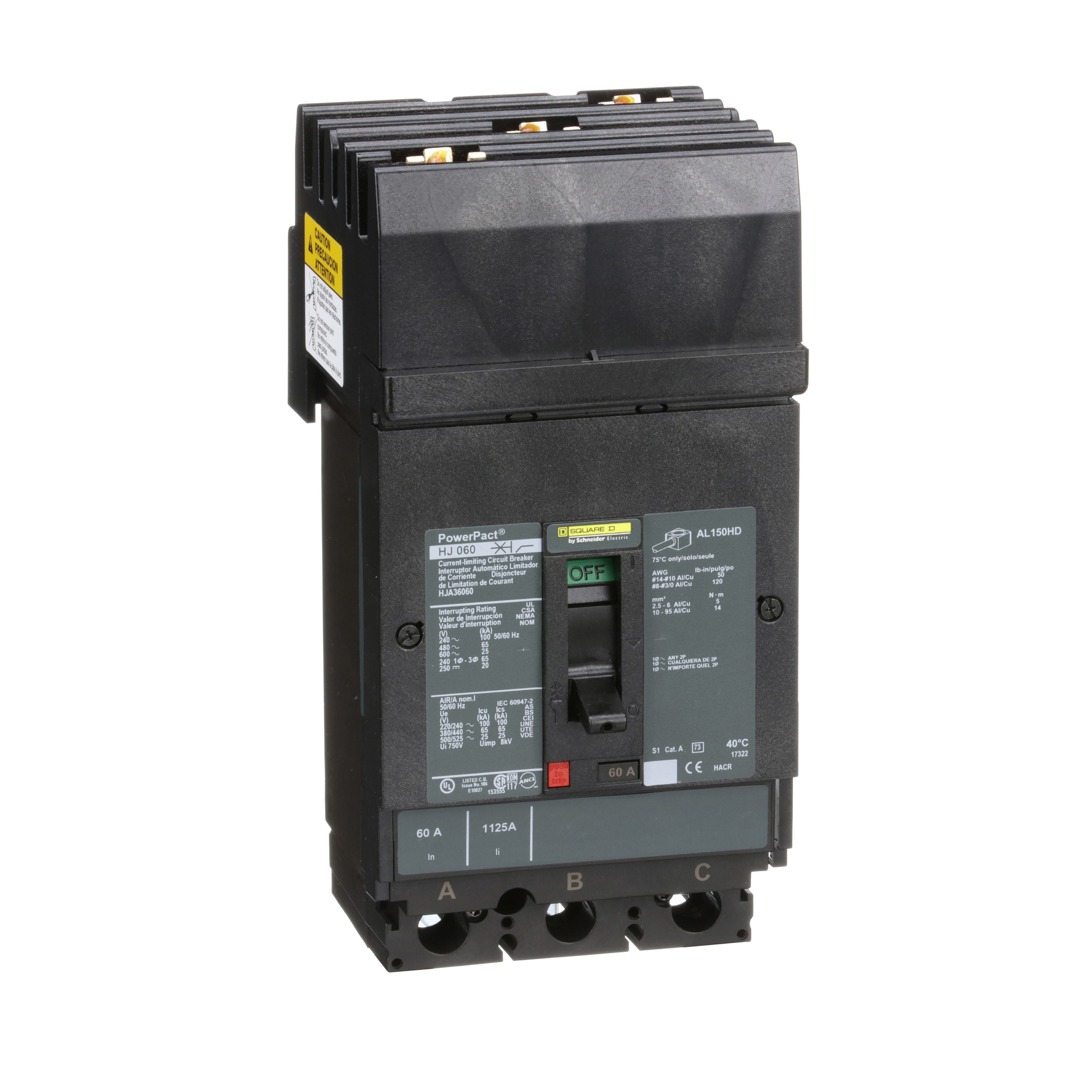 HJA36060 - Circuit breaker, PowerPacT H, 60A, 3 pole, 600VAC, 25kA, I-Line, thermal magnetic, 80%, ABC