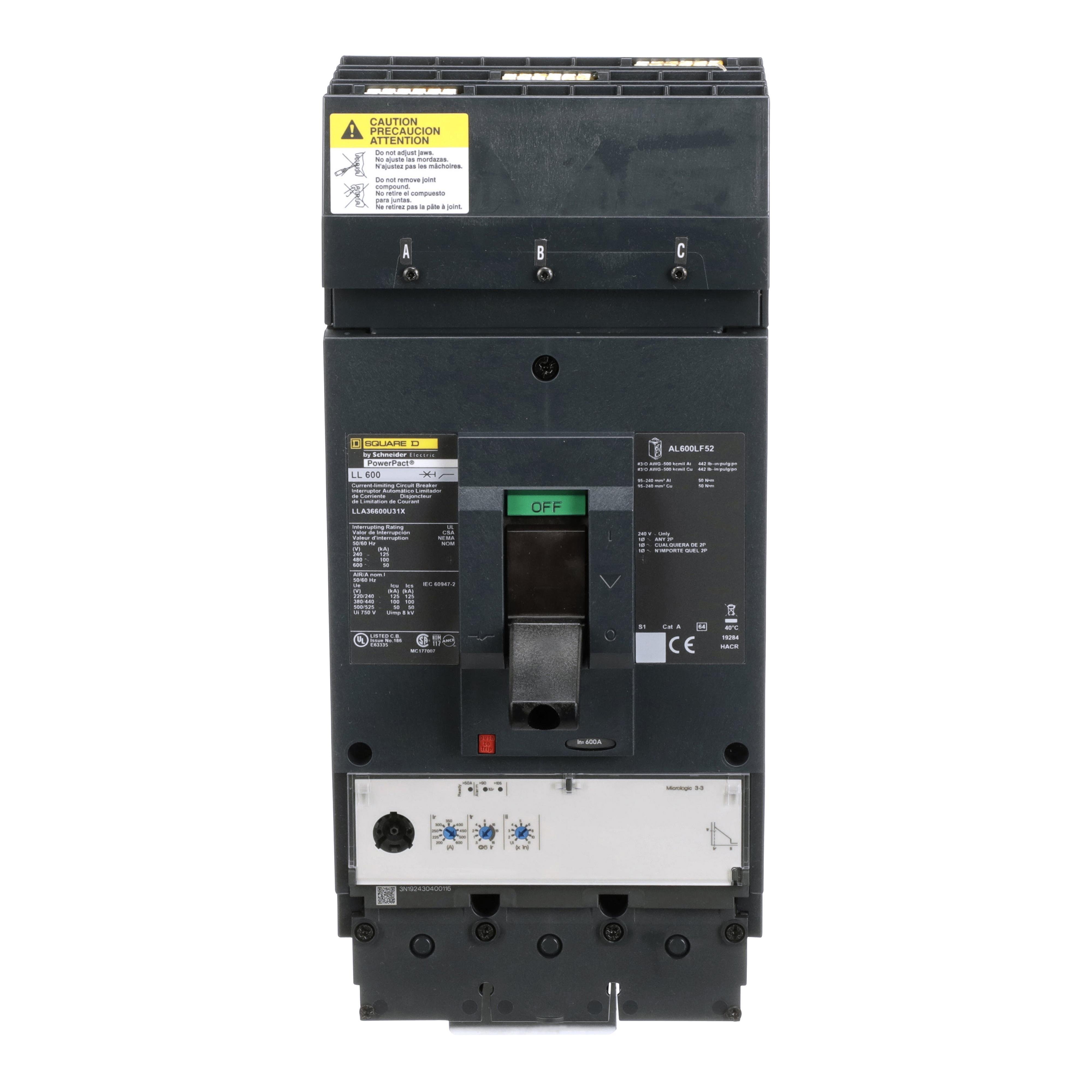 Picture of LLA36600U31X - Circuit breaker, PowerPacT L, 600A, 3 pole, 600VAC, 50kA, I-Line, MicroLogic 3.3, 80%, ABC