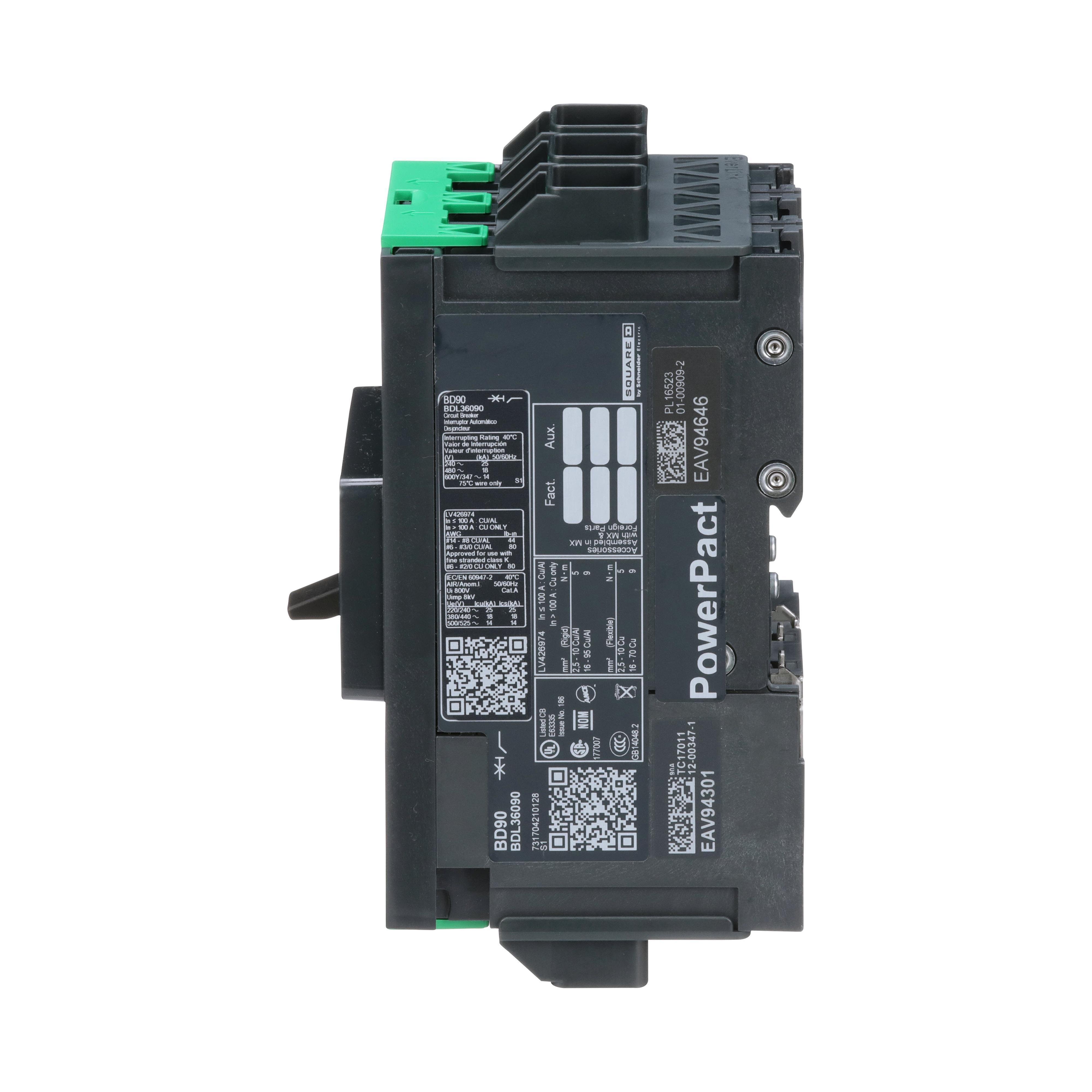 Picture of BDL36090 - Circuit breaker, PowerPacT B, 90A, 3 pole, 600Y/347VAC, 14kA, lugs, thermal magnetic, 80%