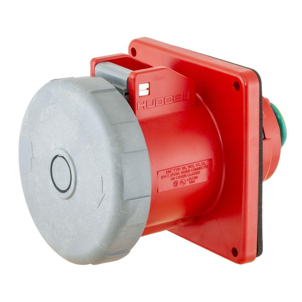 Picture of HBL4100R7W - Heavy Duty Products, IEC Pin and Sleeve Devices, Industrial Grade, Female Receptacle, 100A 3-Phase Delta 480V AC, 3-Pole 4-Wire Grounding, Terminal Screws, Red, Watertight