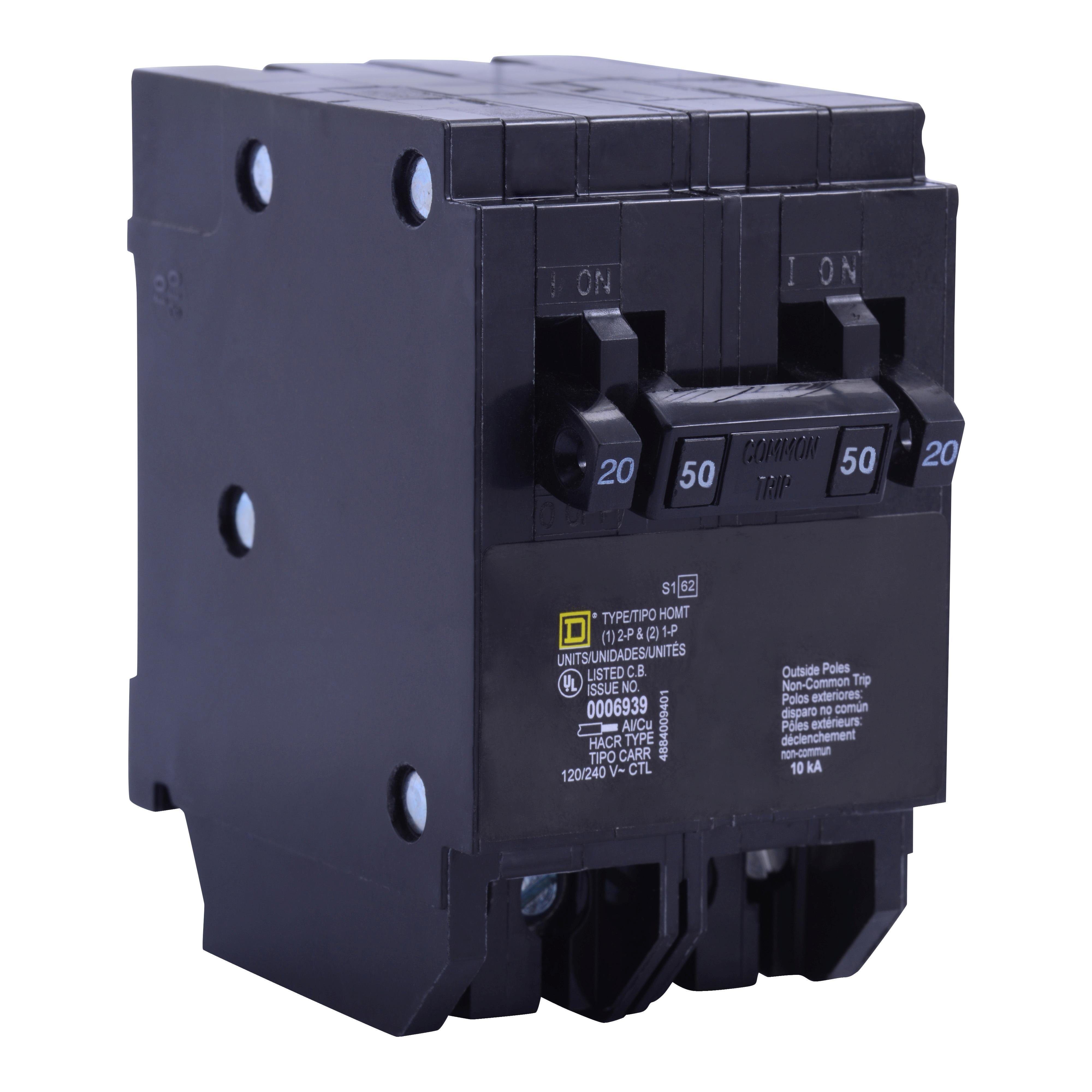 HOMT2020250CP - Tandem circuit breaker, Homeline, 2 x 1 pole at 20A, 1 x 2 pole at 50A, 120/240VAC, 10kA AIR, plug in, UL