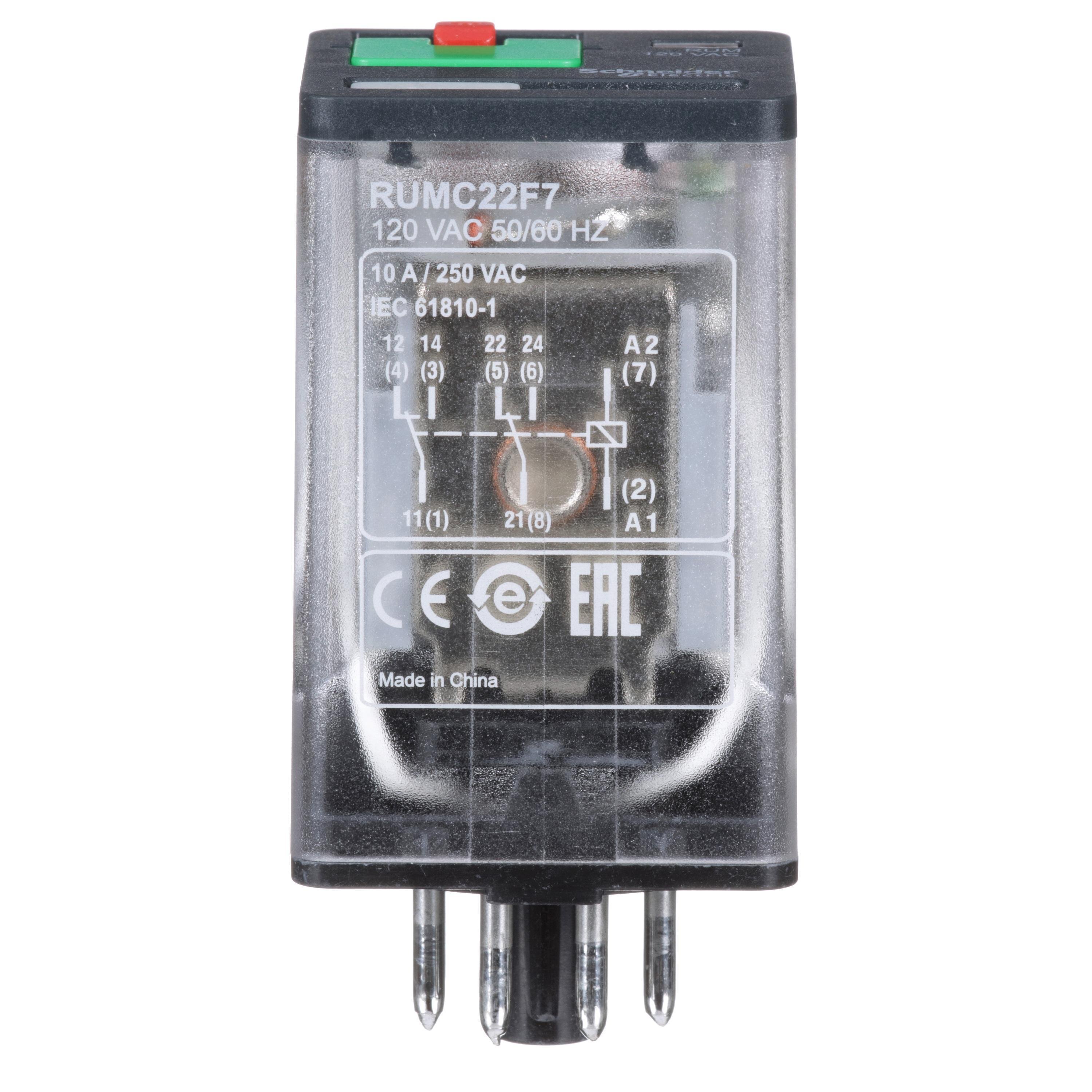 RUMC22F7 - Harmony RUM, universal plugin relay, 2 C/O, octal base, 10 A, 120 VAC, with LED