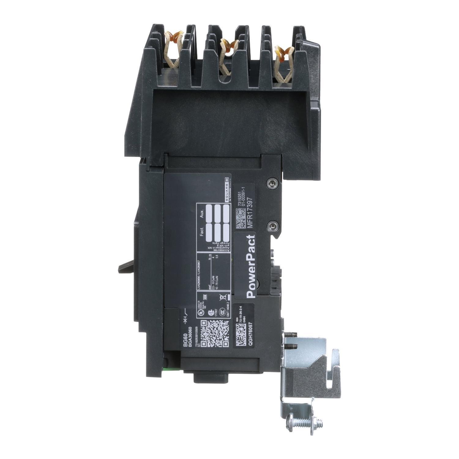 Picture of BGA36060 - Circuit breaker, PowerPacT B, 60A, 3 pole, 600Y/347VAC, 18kA, I-Line, thermal magnetic, 80%, ABC