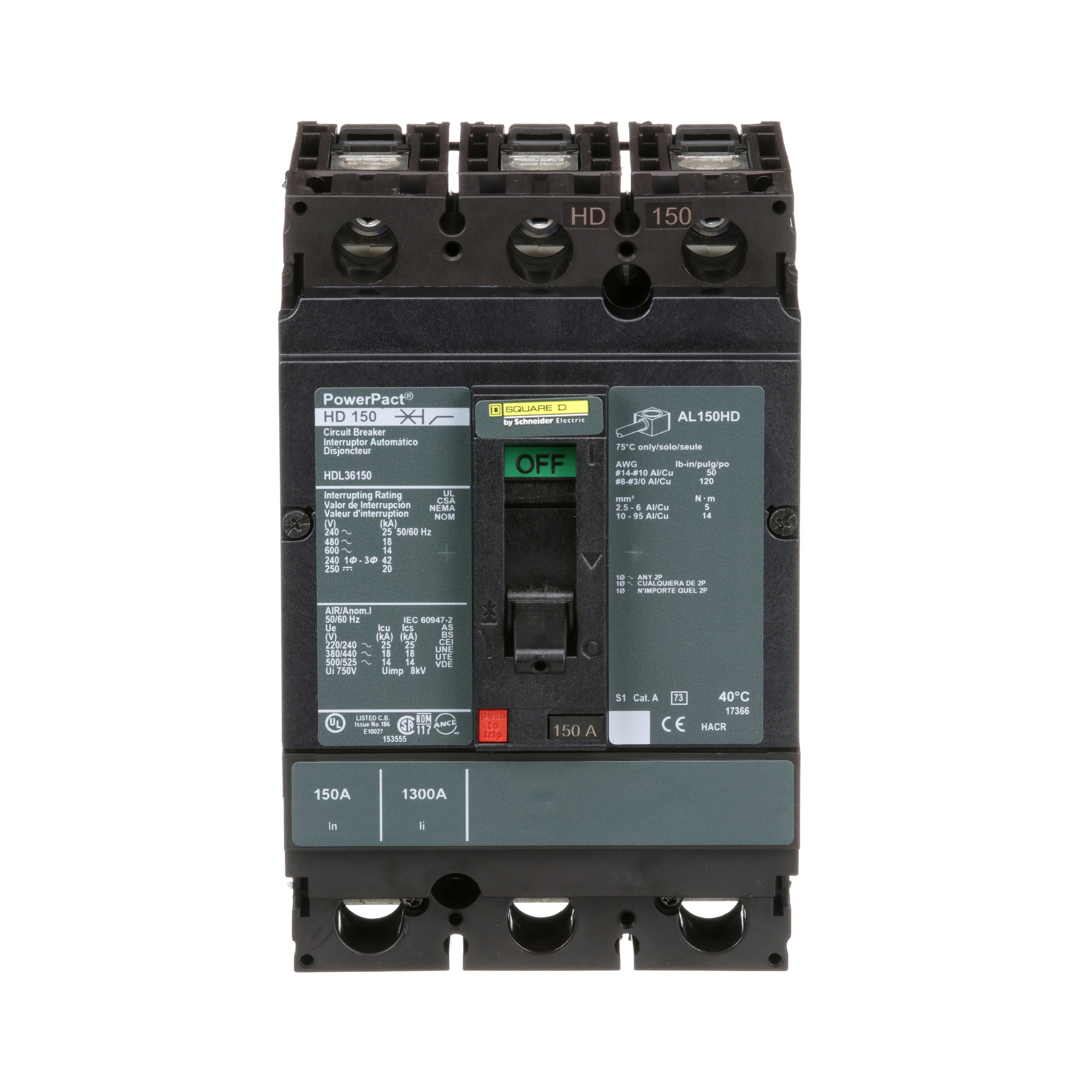 Picture of HDL36150 - Circuit breaker, PowerPacT H, 150A, 3 pole, 600VAC, 14kA, lugs, thermal magnetic, 80%