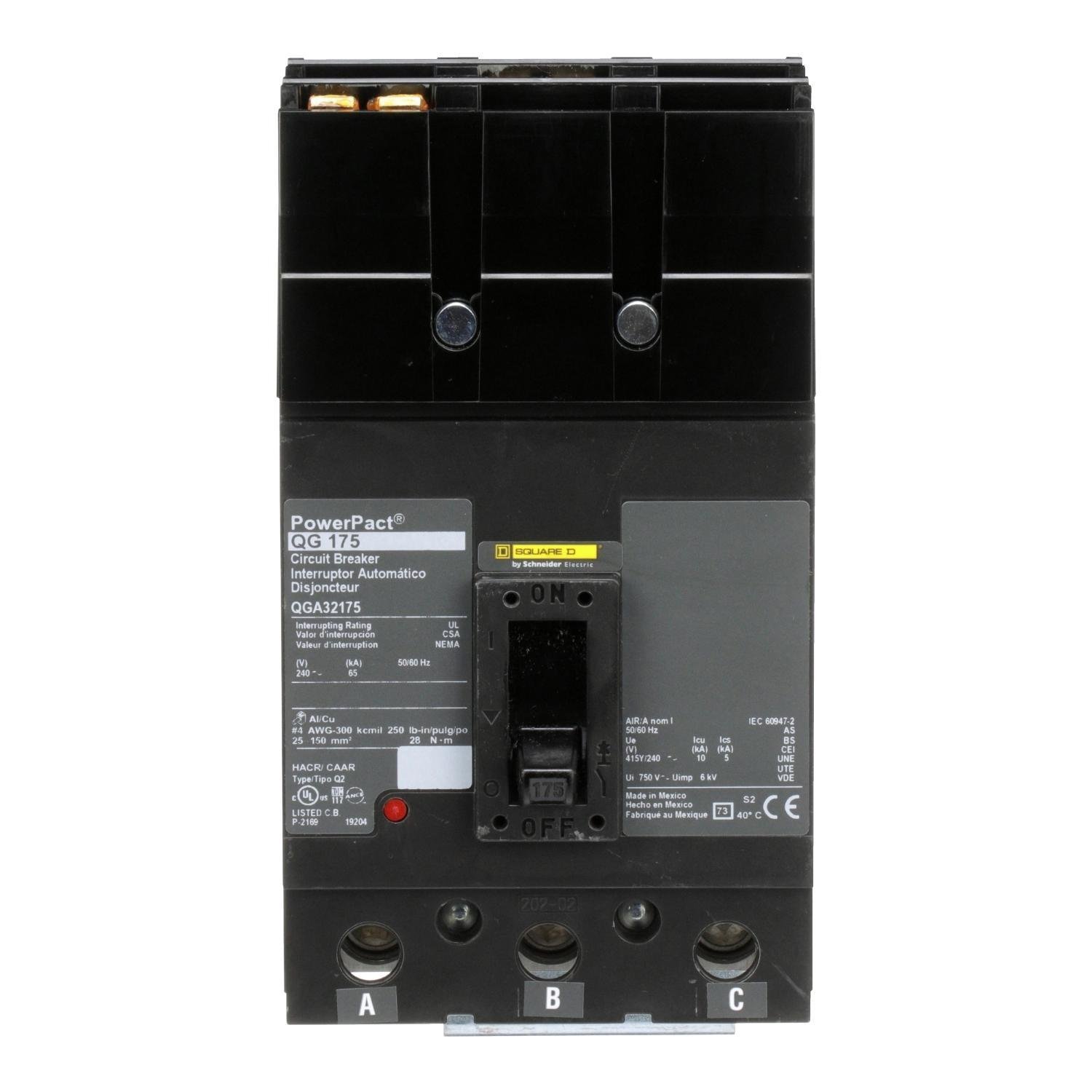 QGA32175 - Circuit breaker, PowerPacT Q, 175A, 3 pole, 240VAC, 65kA, I-Line, thermal magnetic, 80%, ABC