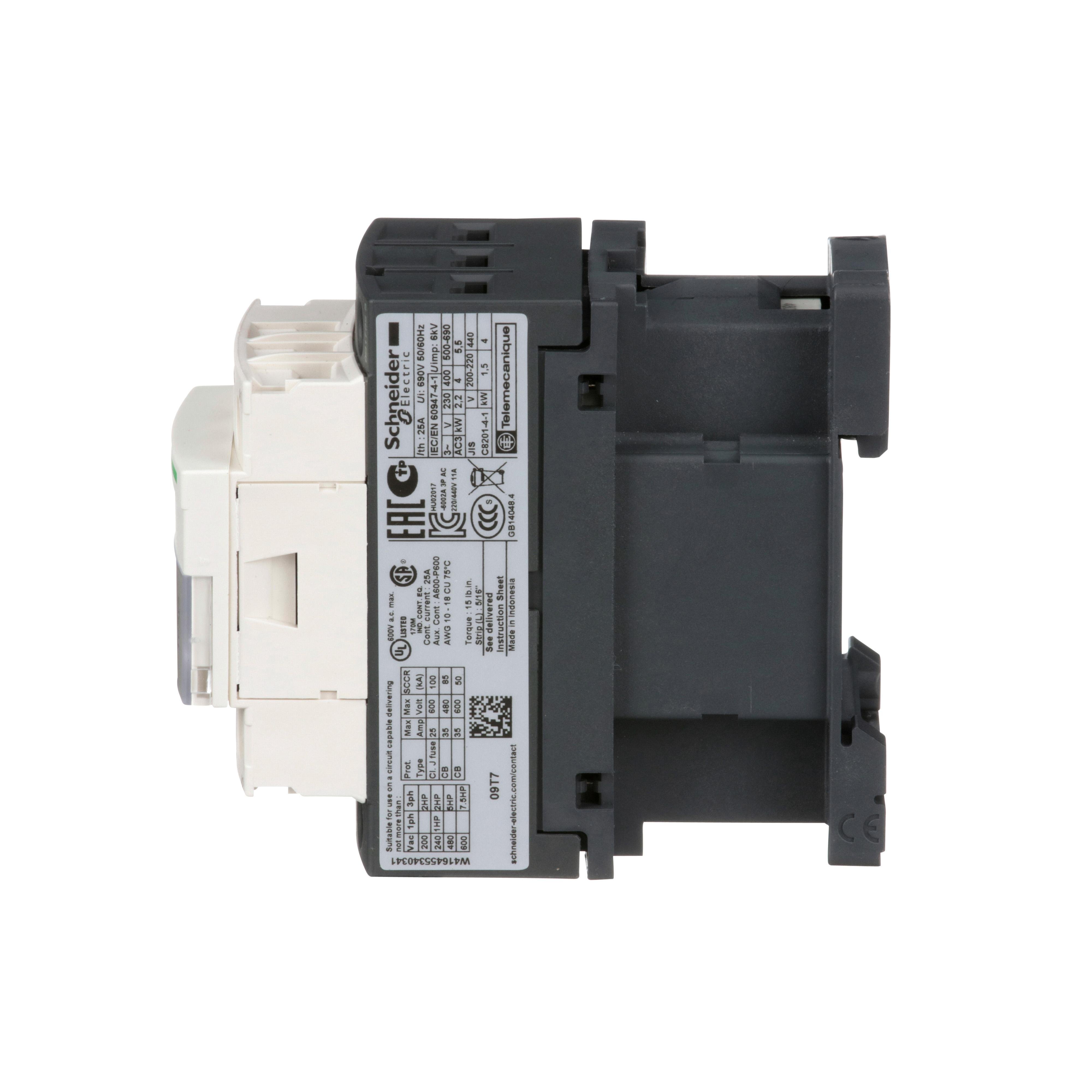 Picture of LC1D09T7 - IEC contactor, TeSys Deca, nonreversing, 9A, 5HP at 480VAC, up to 100kA SCCR, 3 phase, 3 NO, 80VAC 50/60Hz coil, open style