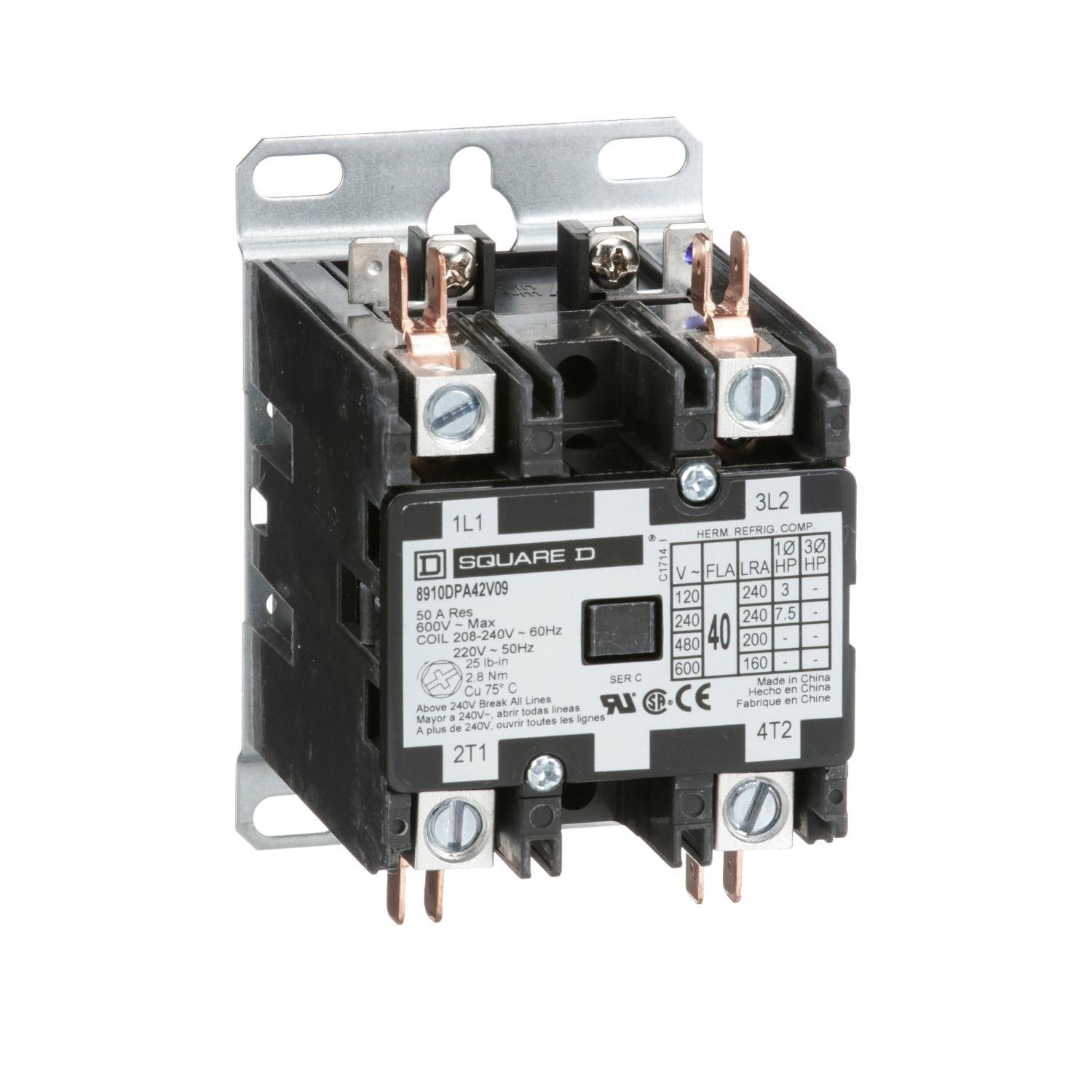 8910DPA42V09 - Contactor, Definite Purpose, 40A, 2 pole, 7.5HP at 230VAC, 1 phase, 208/240VAC 60Hz 220VAC 50Hz coil, open