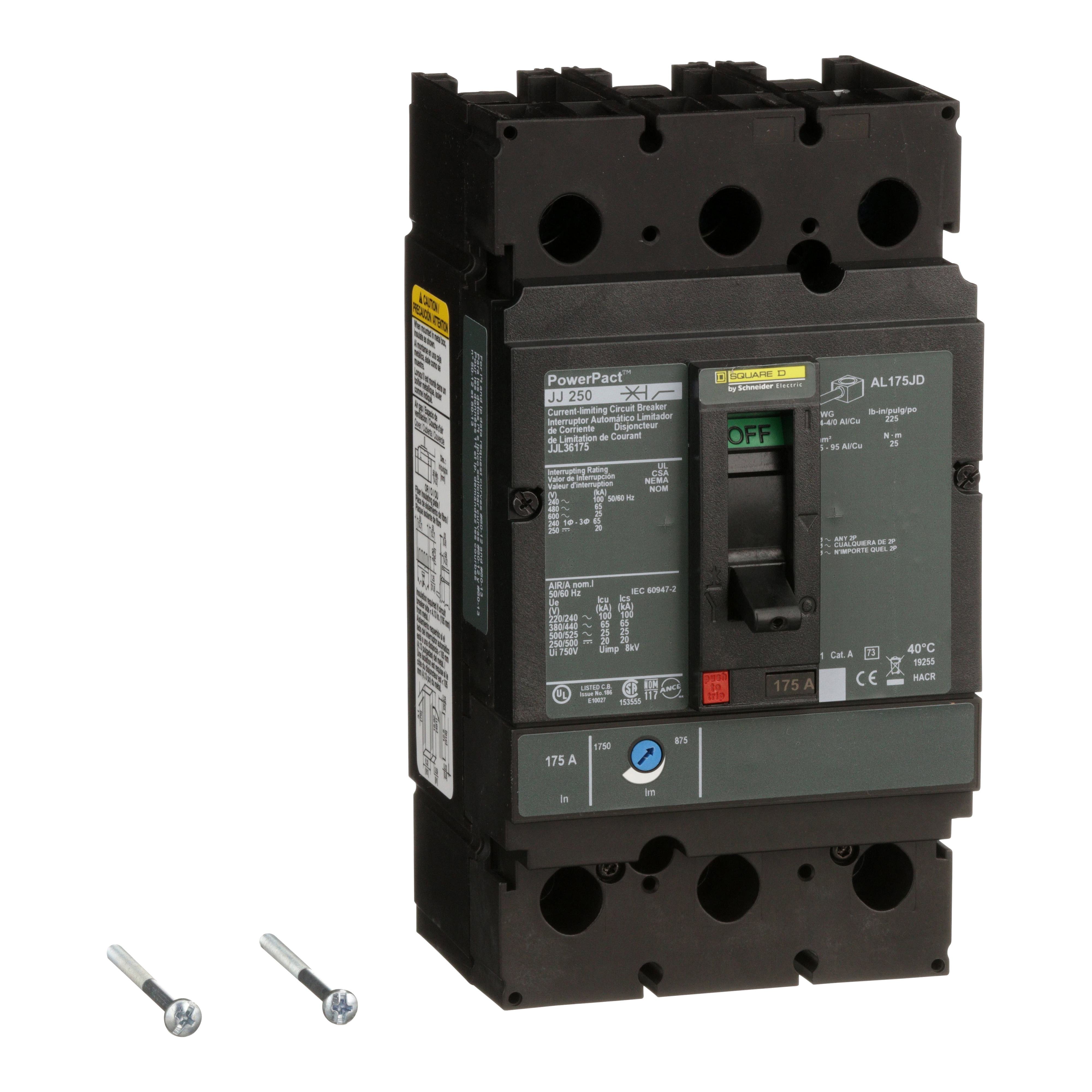 JJL36175 - Circuit breaker, PowerPacT J, 175A, 3 pole, 600VAC, 25kA, lugs, thermal magnetic, 80%