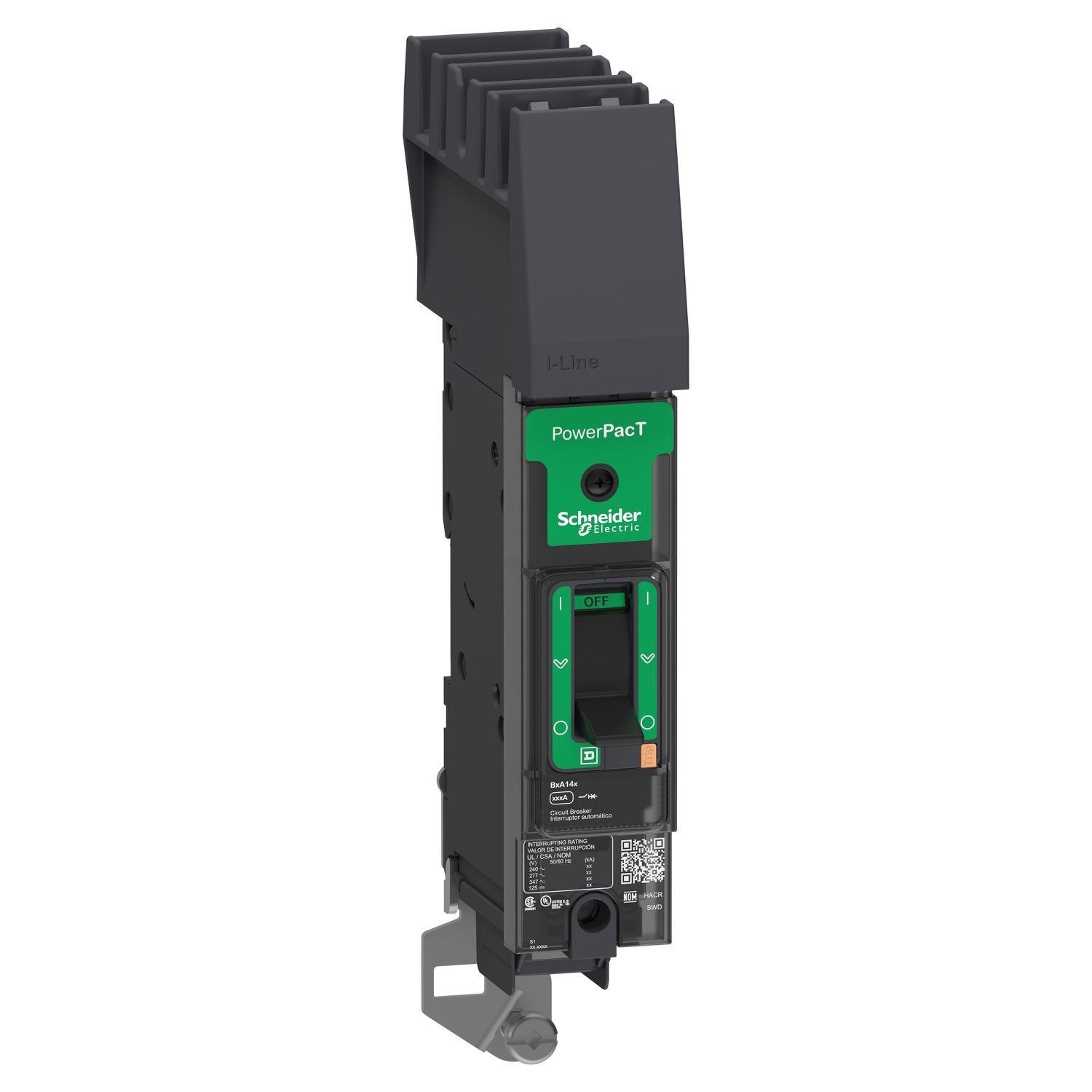 Picture of BDA160203 - Circuit breaker, PowerPacT B, 20A, 1 pole, 600Y/347VAC, 14kA, I-Line, thermal magnetic, 80%, B