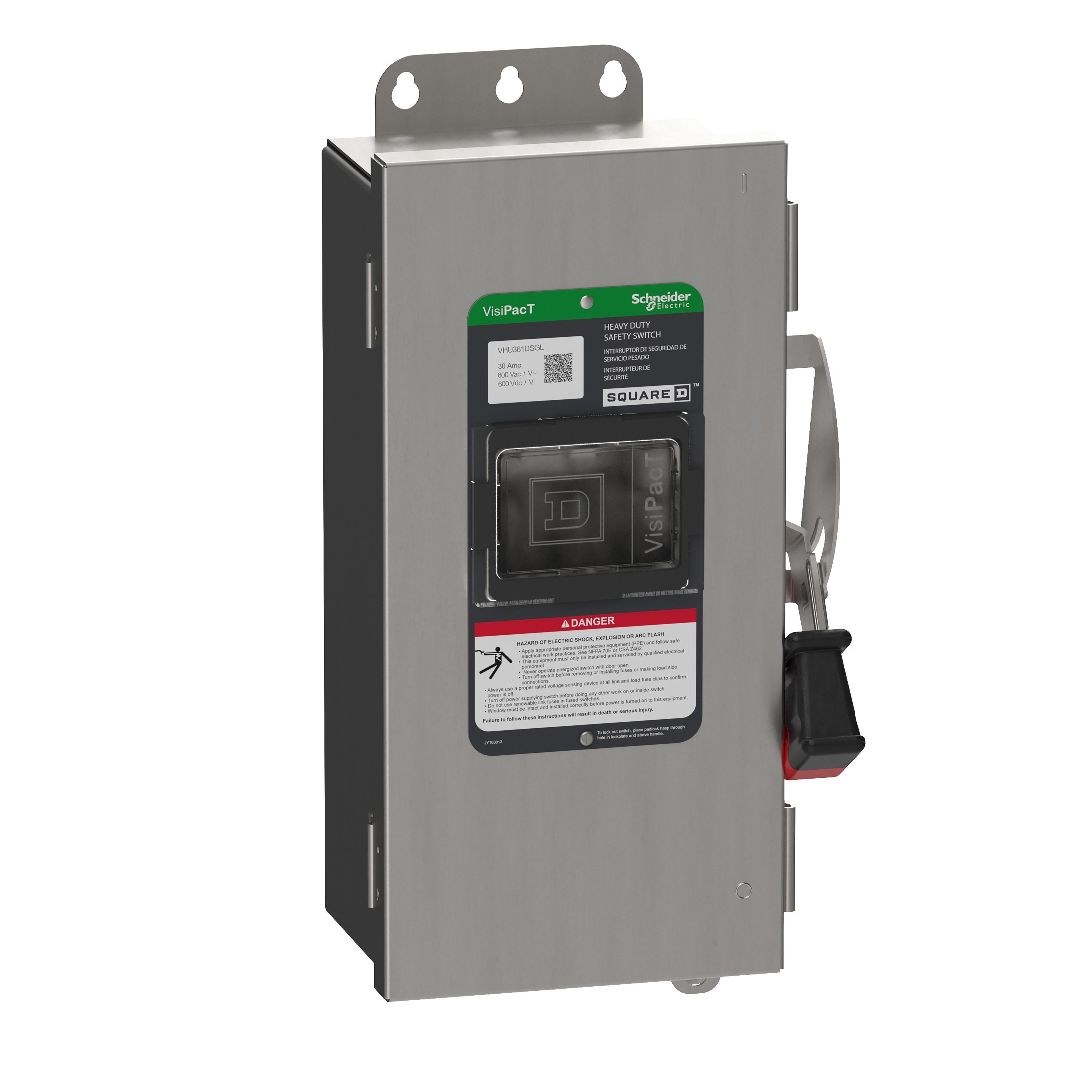 Picture of VHU361DSGL - Safety switch, VisiPacT, heavy duty, unfused, viewing window, NEMA 4X, 600V, 30A, 3 pole, ground lugs